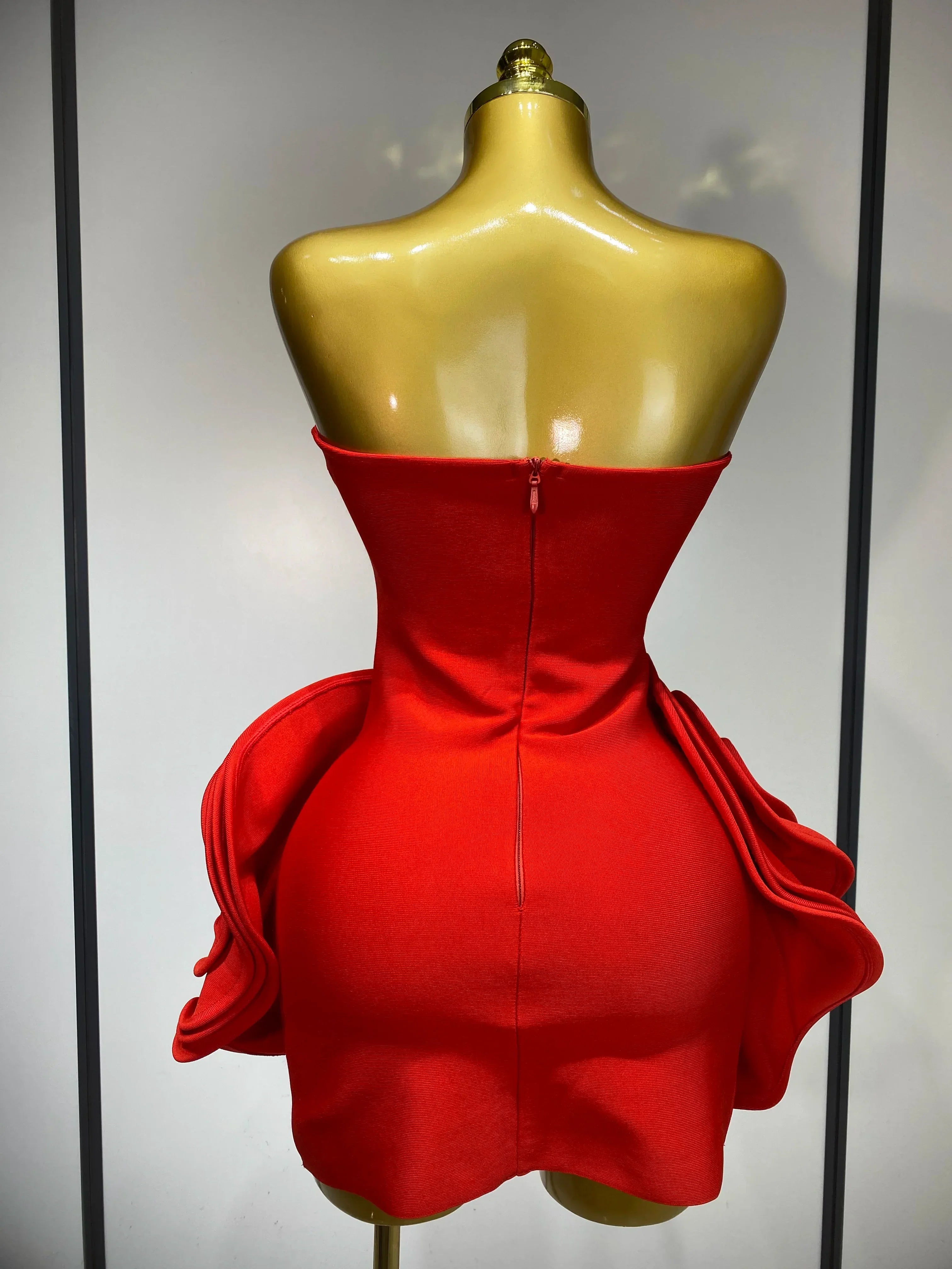Celebrity Sexy Strapless Backless Flower Red Mini Bodycon Bandage Dress  Knitted Elegant Evening Club Luxury Birthday Dress