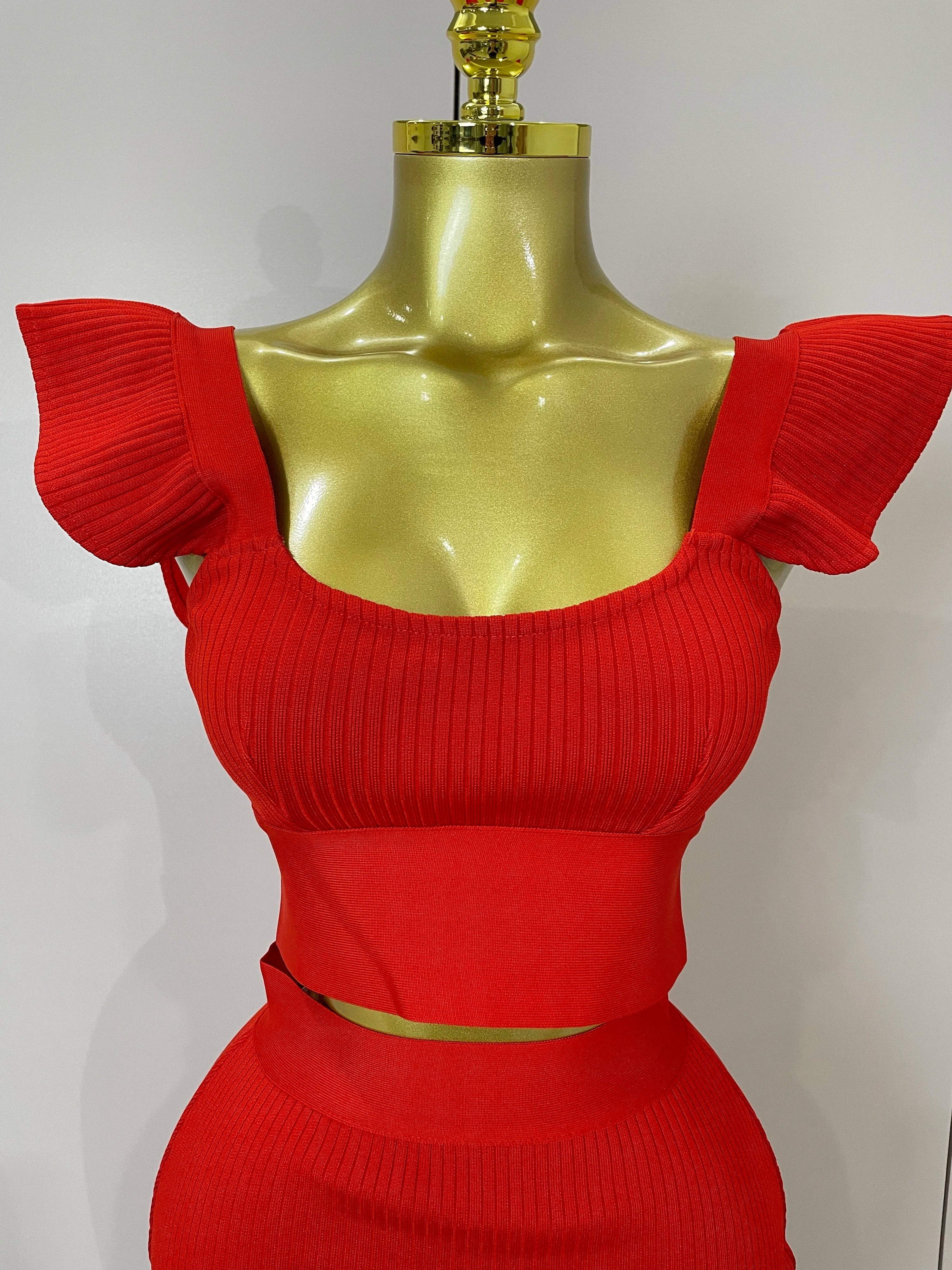 Women  Sexy Backless Ruffles Red Bandage Two Pices Set  Celebrity Evening Elegance Birthday Party Dress