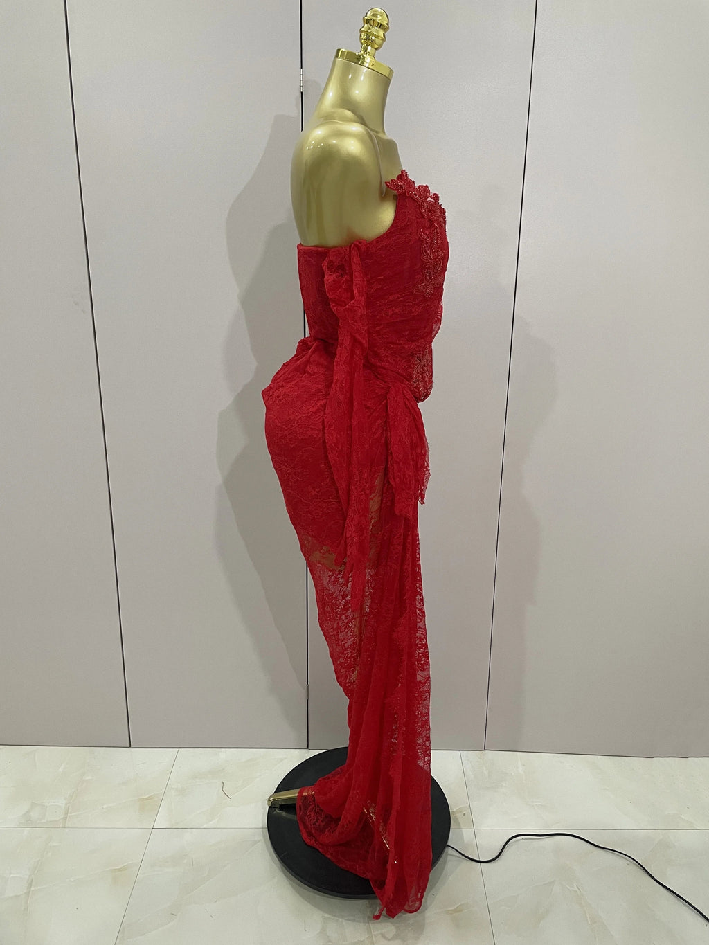 Women Sexy Strapless Backless Red Lace Split Maxi Long Bodycon Dress  Celebrity Elegant Evening Club Birthday Party Outfit