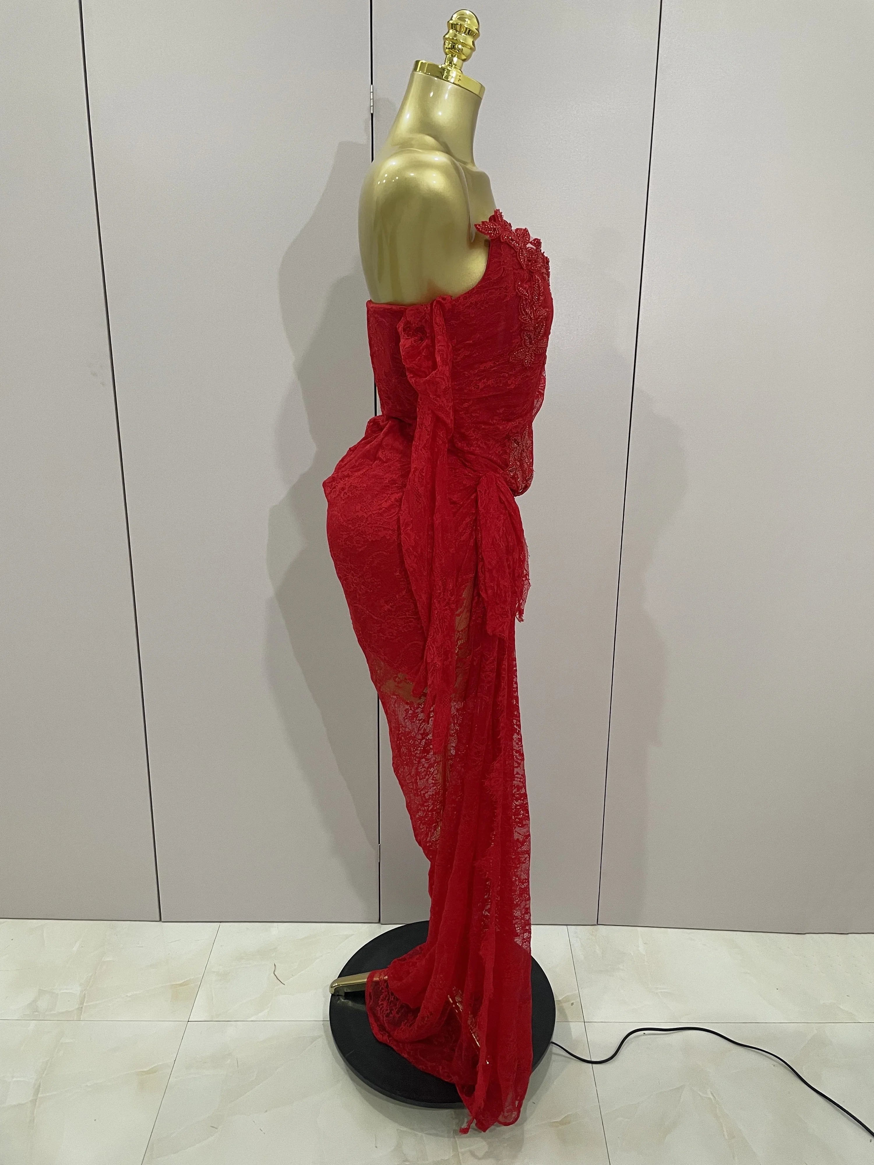 Women Sexy Strapless Backless Red Lace Split Maxi Long Bodycon Dress  Celebrity Elegant Evening Club Birthday Party Outfit
