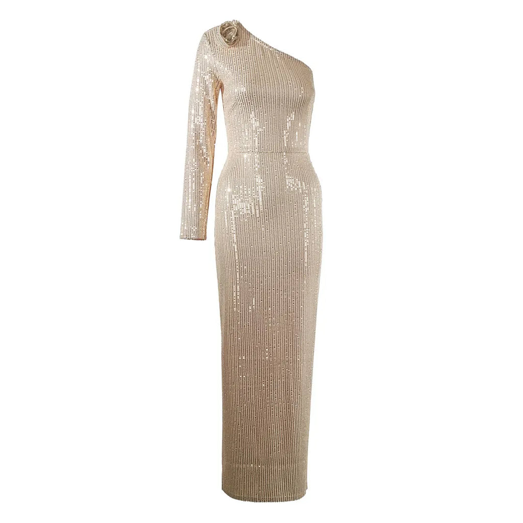 2024 Women's Light Luxury Glitter Dress with Diagonal Collar Single Shoulder Sleeve 3D Flower Decoration Bodycon Long Dresses Gold