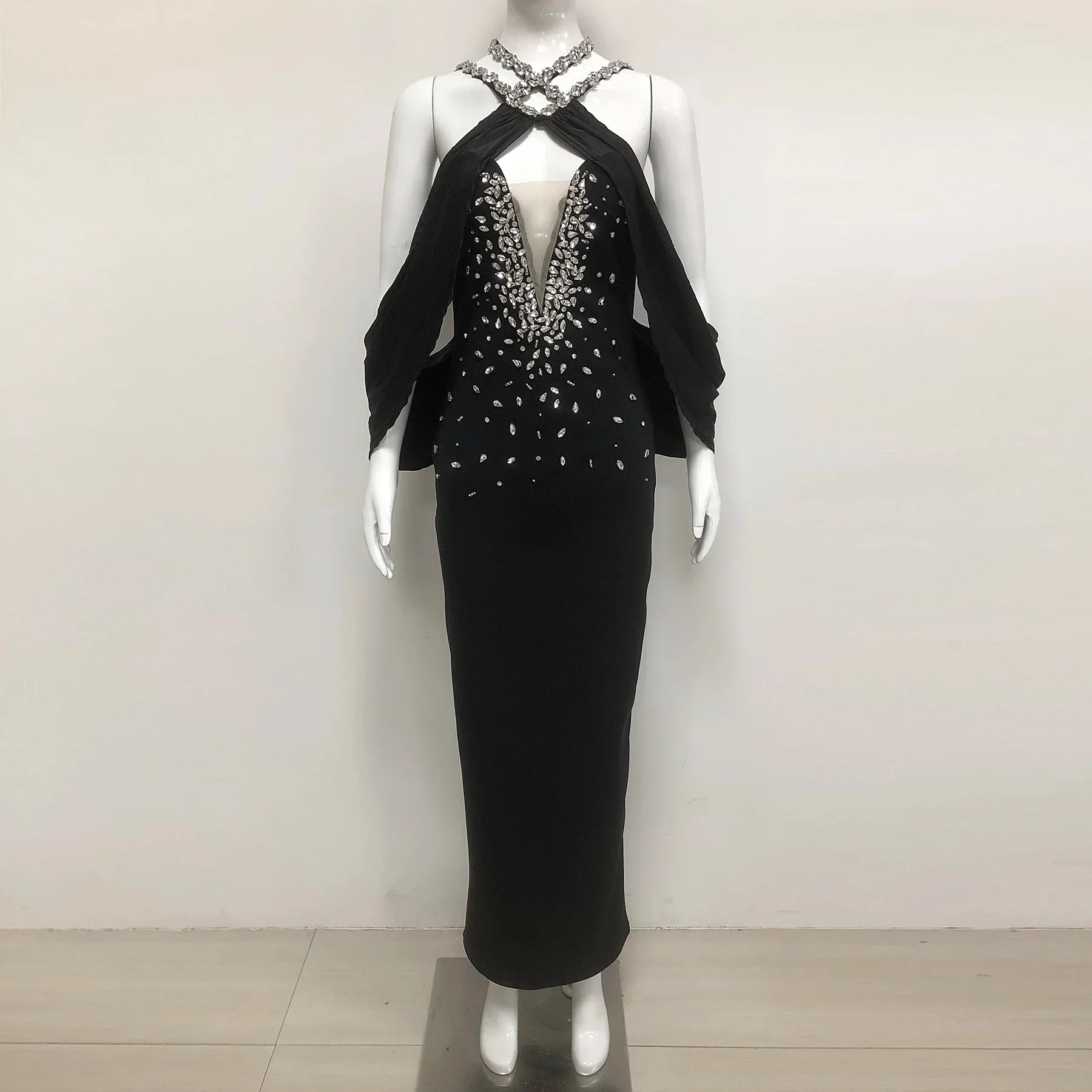 New Women Celebrity Sexy Key Hole Beading Diamonds Pink Maxi Long Bodycon Bandage Dress Elegant Evening Club Party Dress black