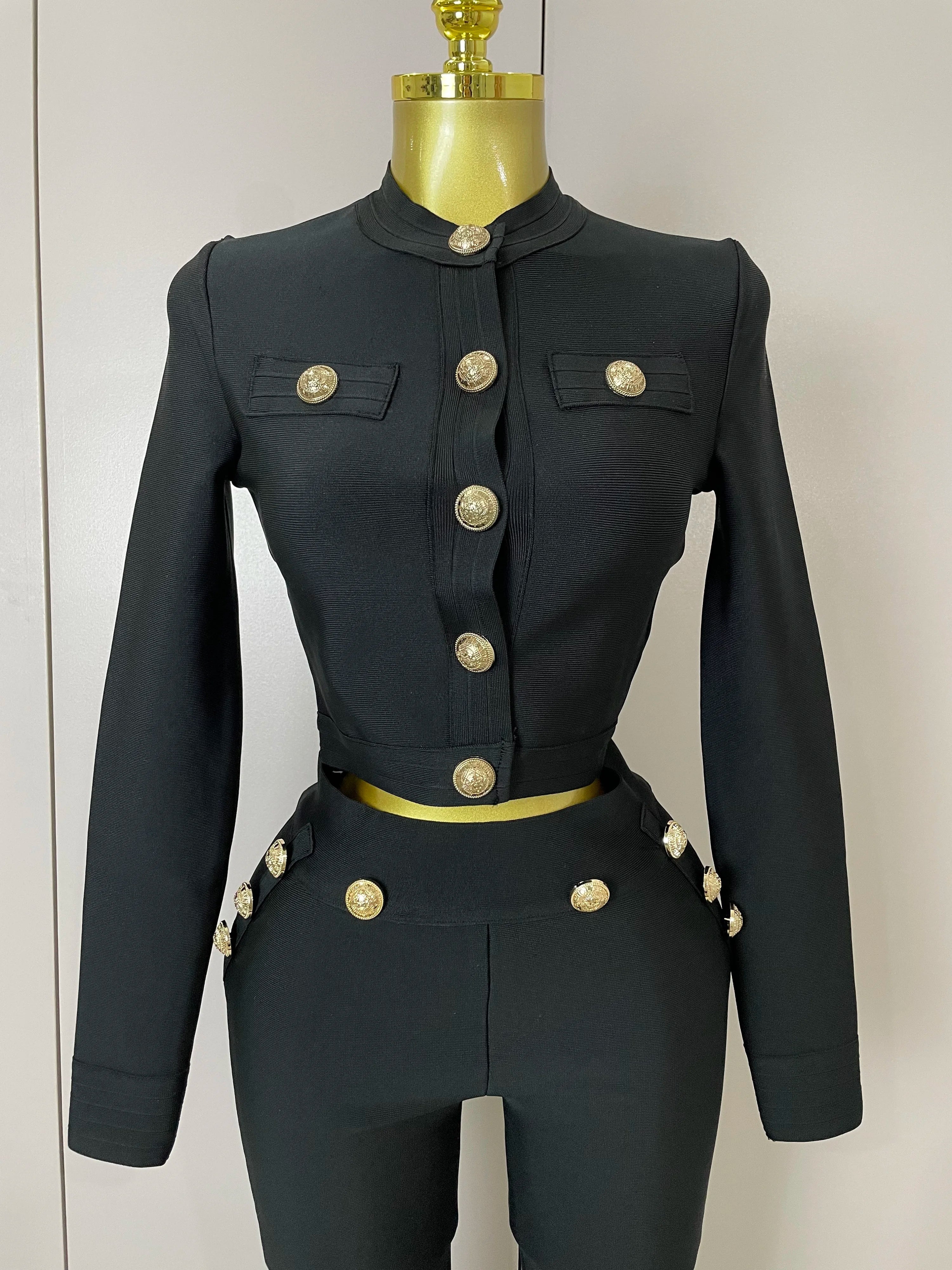 Golden Buttons Short Coat Top And Flare Pants  Bandage 2 Pieces Set Woman Celebrity Evening Party Vestidos