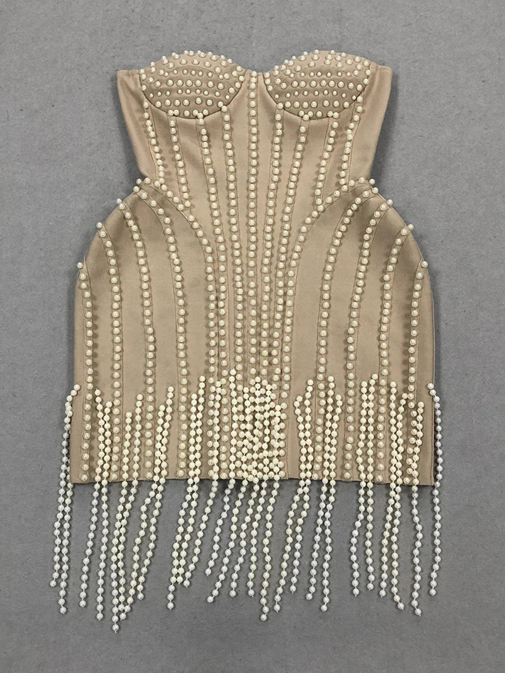 Ladies Luxury Bead Tassels Strapless Backless Design Celebrity Party Club Khaki Sleeveless Sexy Mini Bandage Dress New