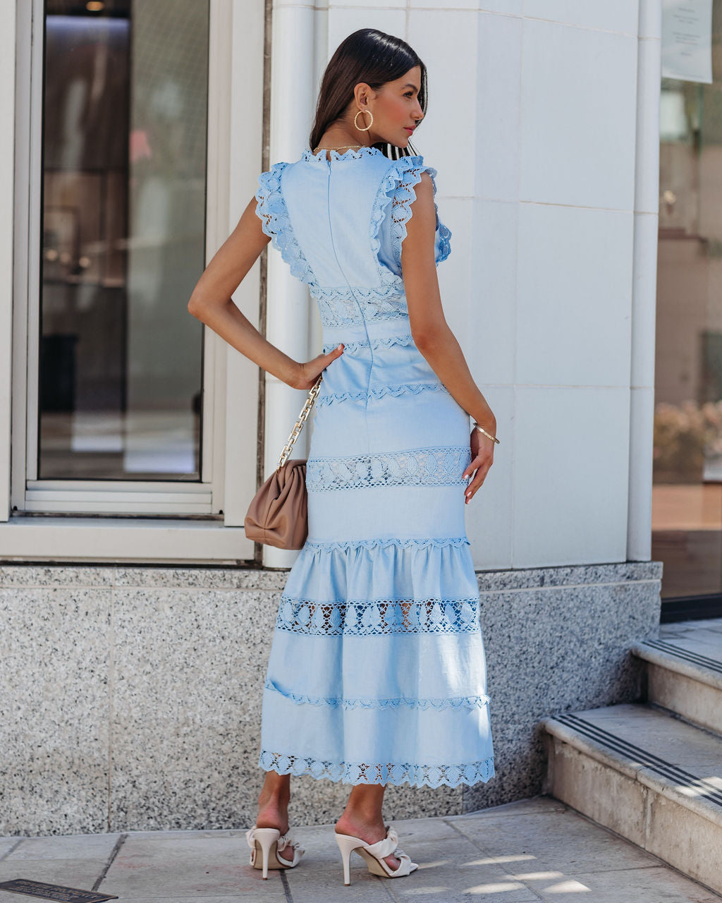 Sacha Cotton Linen Crochet Tiered Midi Dress