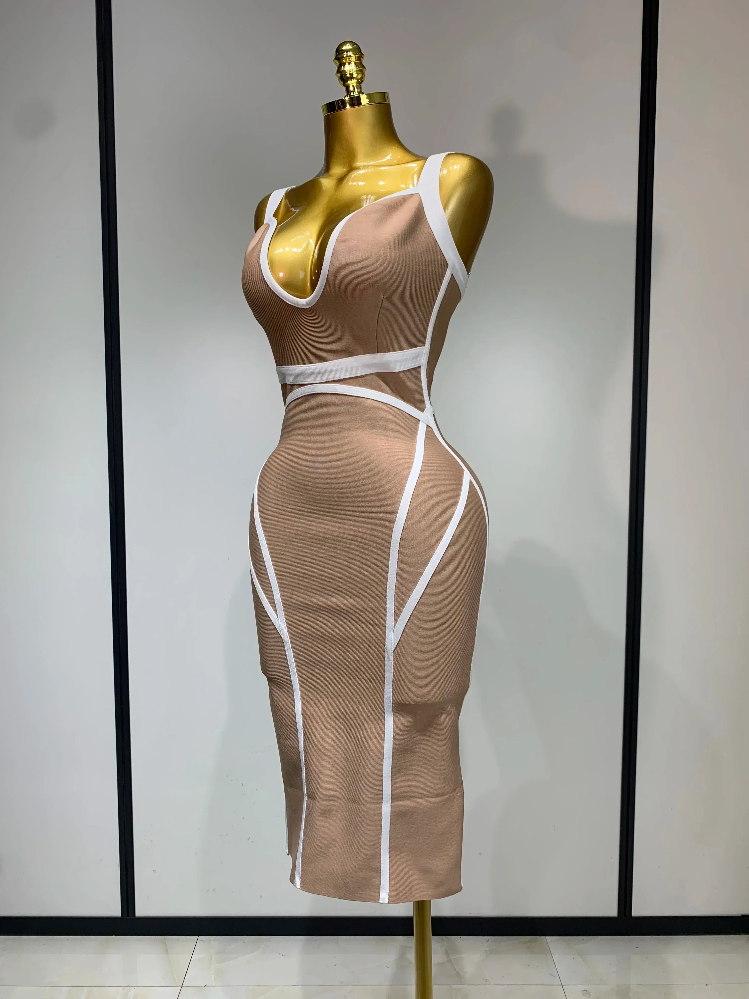 Women Sexy V Neck Striped Midi Bandage Bodycon Dress  Celebrity Elegant Evening Club Party Luxury Birthday Outfit