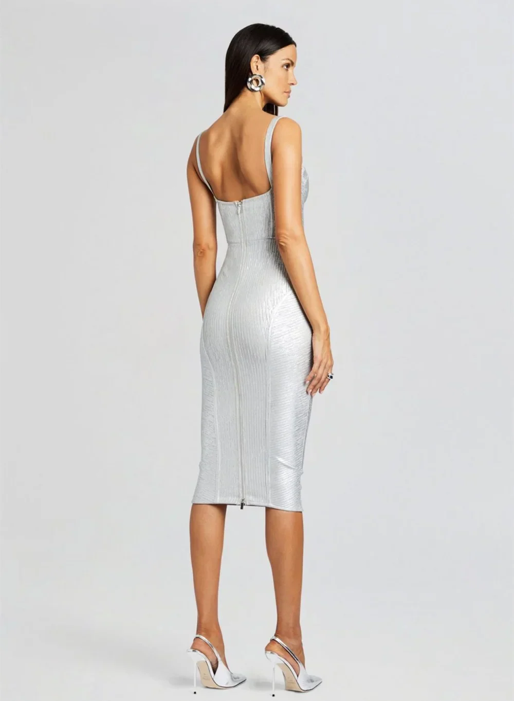 Foil Silver Color Women Sleeveless Sexy Strap Square Collar Bodycon Midi Bandage Dress Celebrate Nightclub Party Dress Vestido