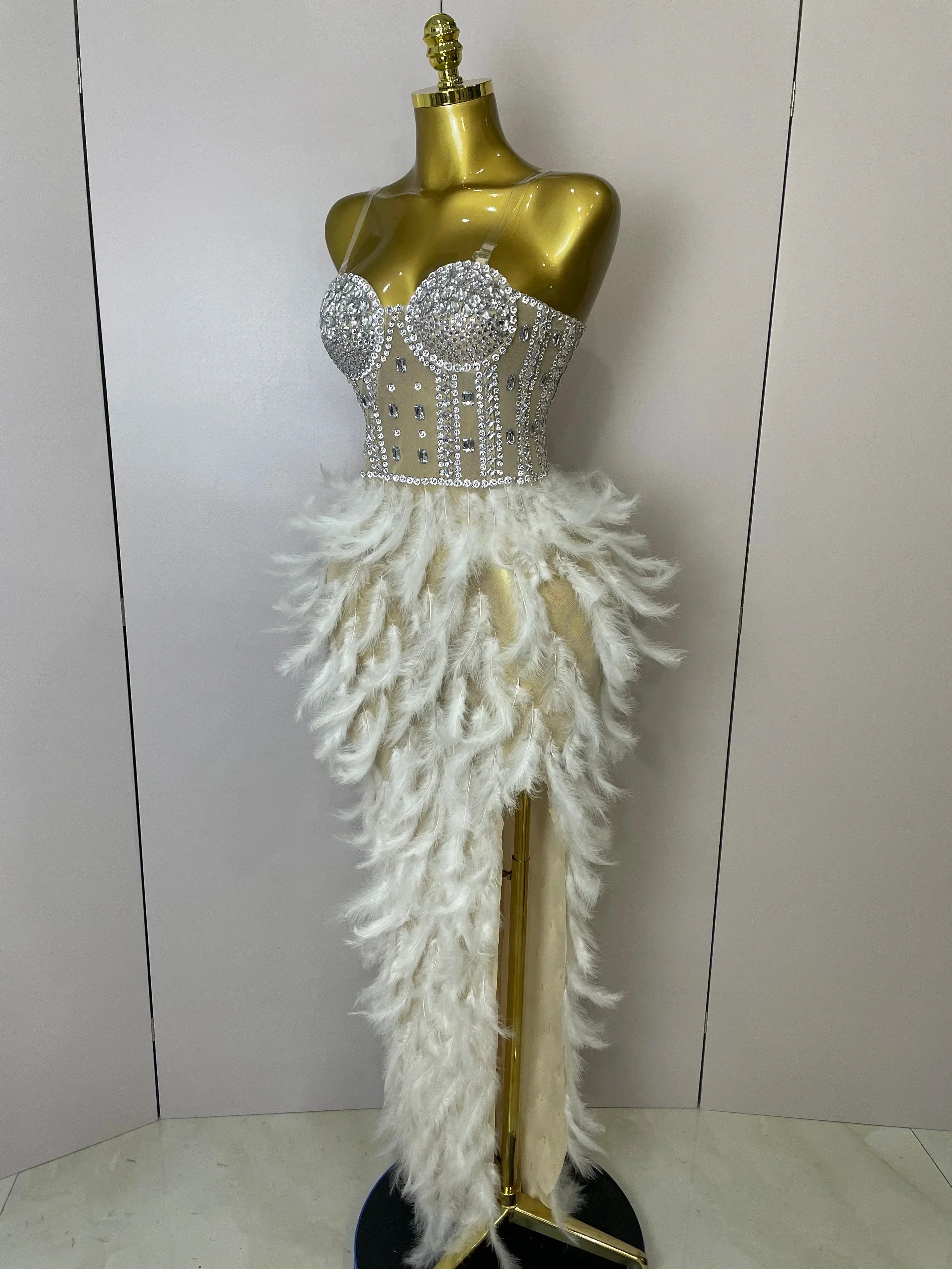 Women Sexy Sparkly Rhinestone Mesh Feather Long Dress Elegant Evening Party Celebrate Birthday Performance Costume