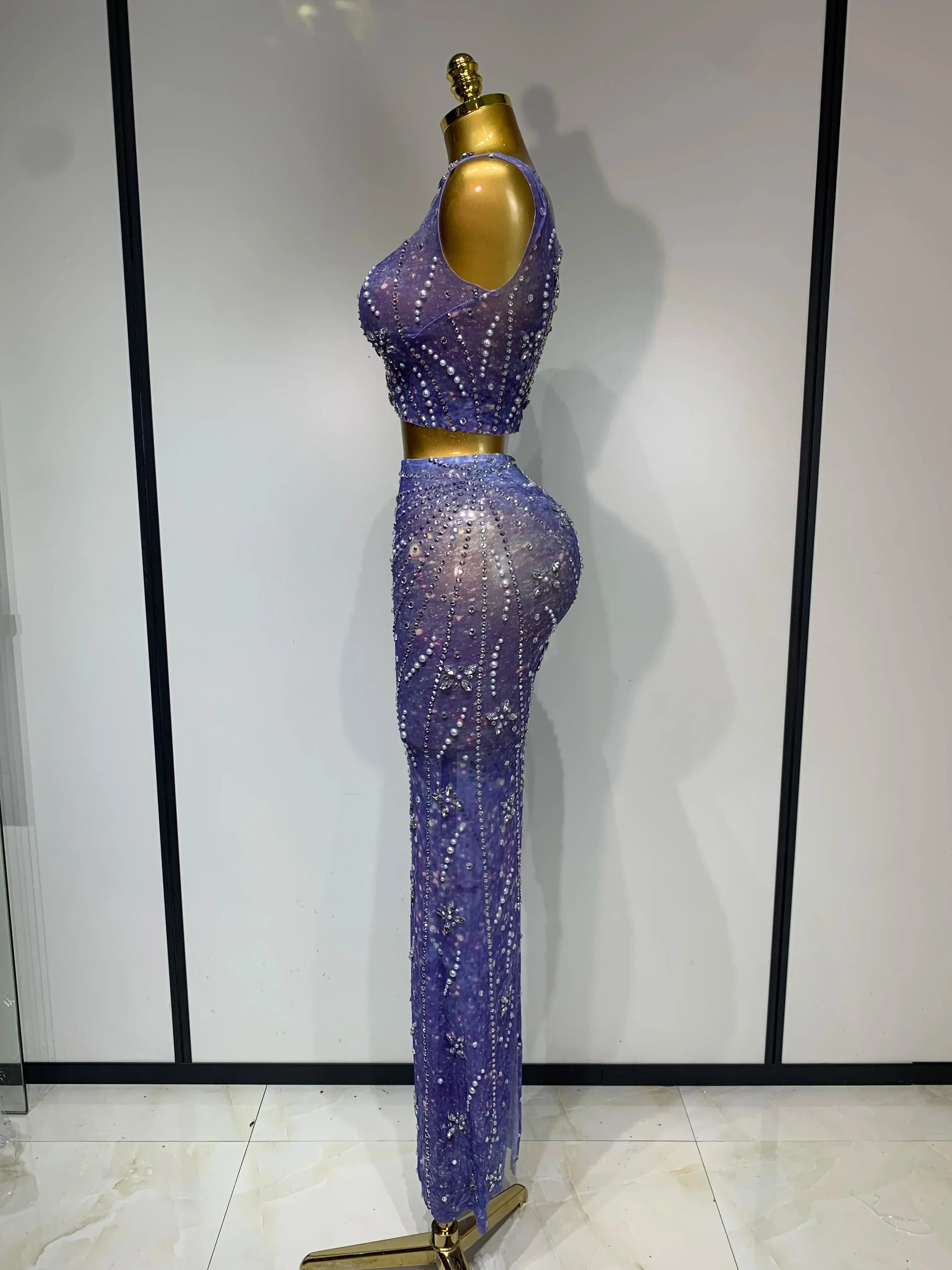 Sparkly Rhinestones Top Long Skirt Two Pieces Set Women Celebirty Luxury Birthday Dress Nightclub Stage Performance Costume