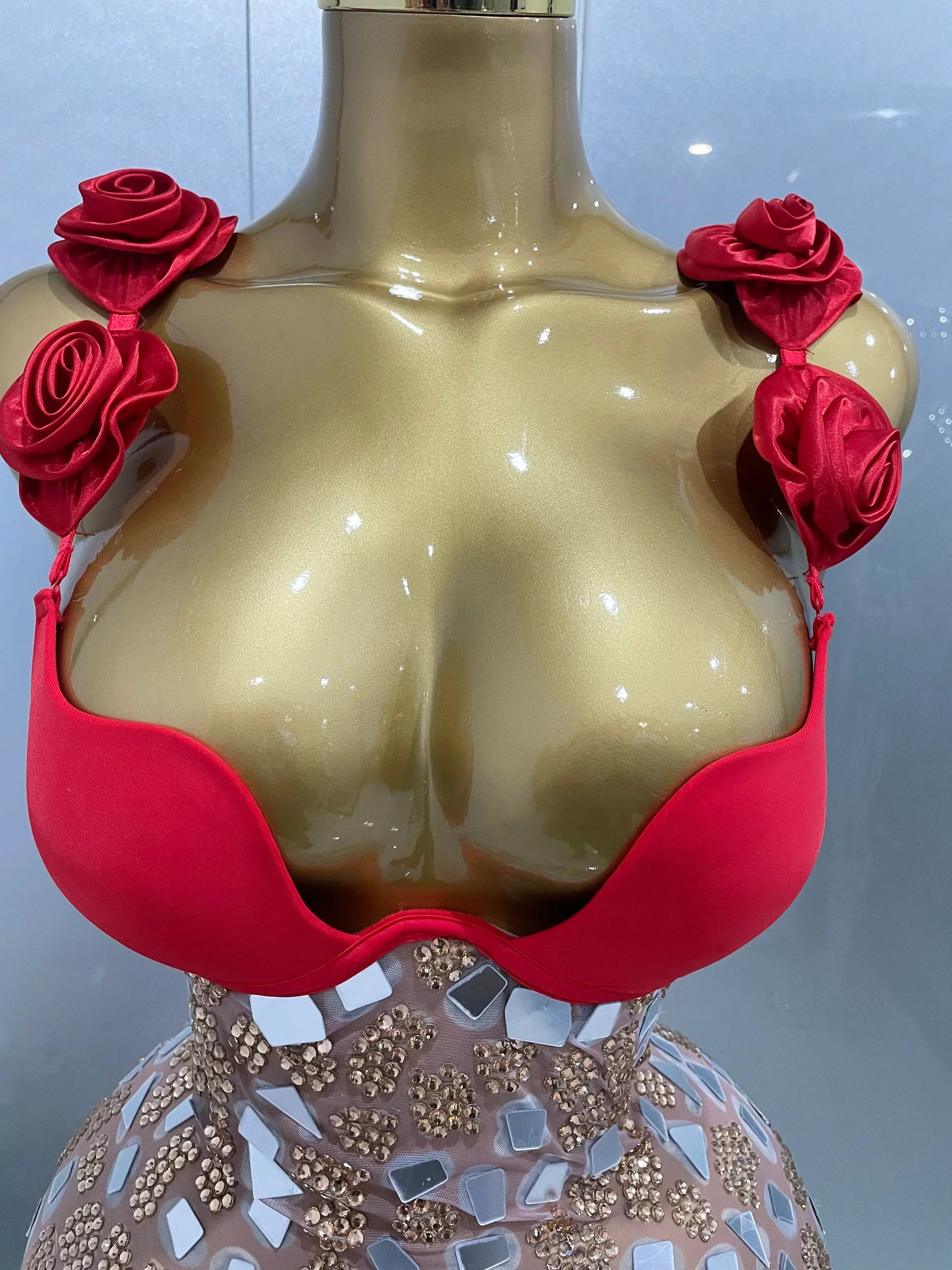 Sexy Sparkly Rhinestones Mesh Mirrors Red Roses Long Dress   Women Elegant Evening Party Club Stage performance Costume