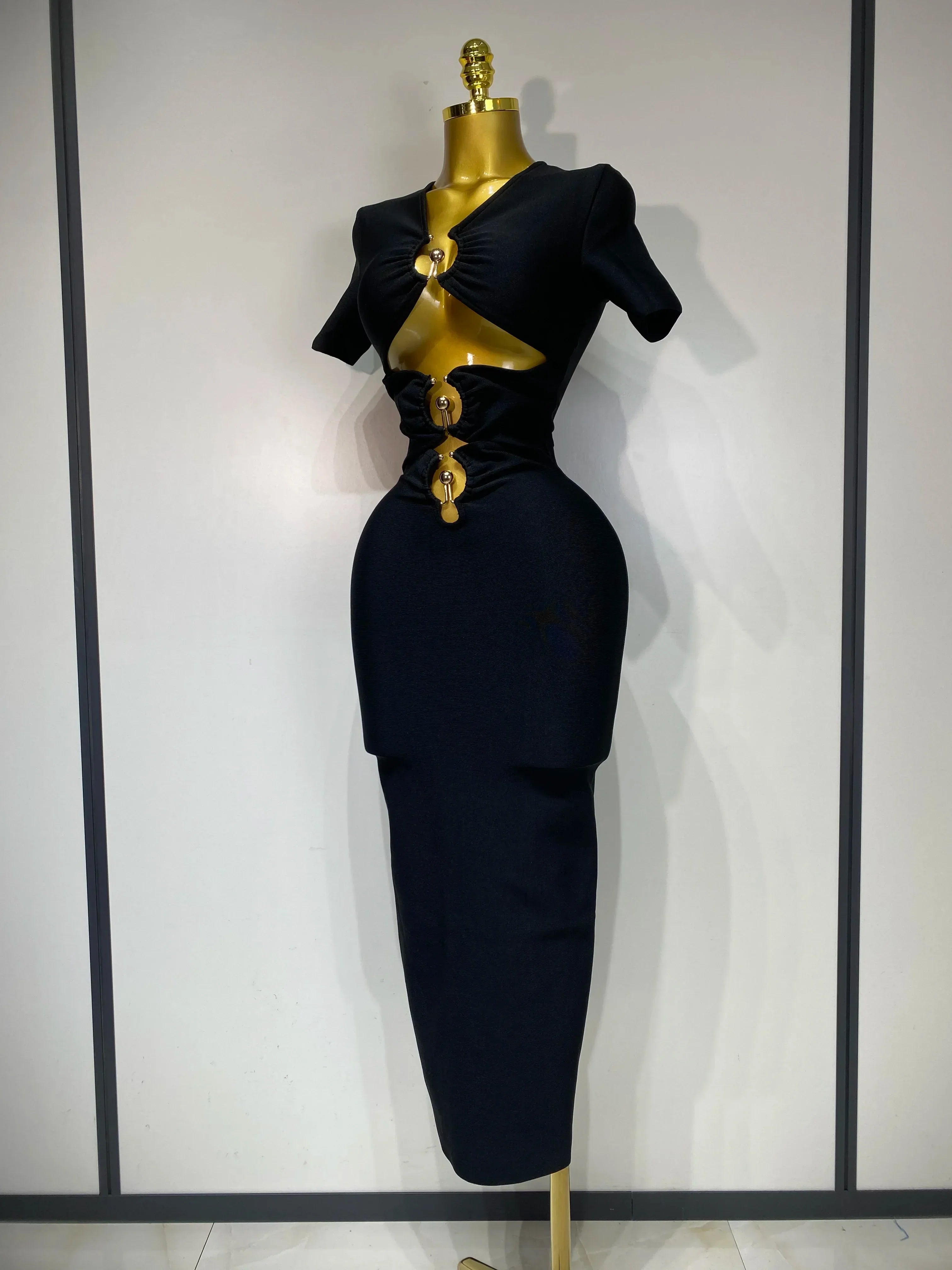 Women Sexy Cut Out Short Sleeve Bodycon Long Dress  Party Evening Celebrate Birthday Black Bandage Knitted Club Prom Gown