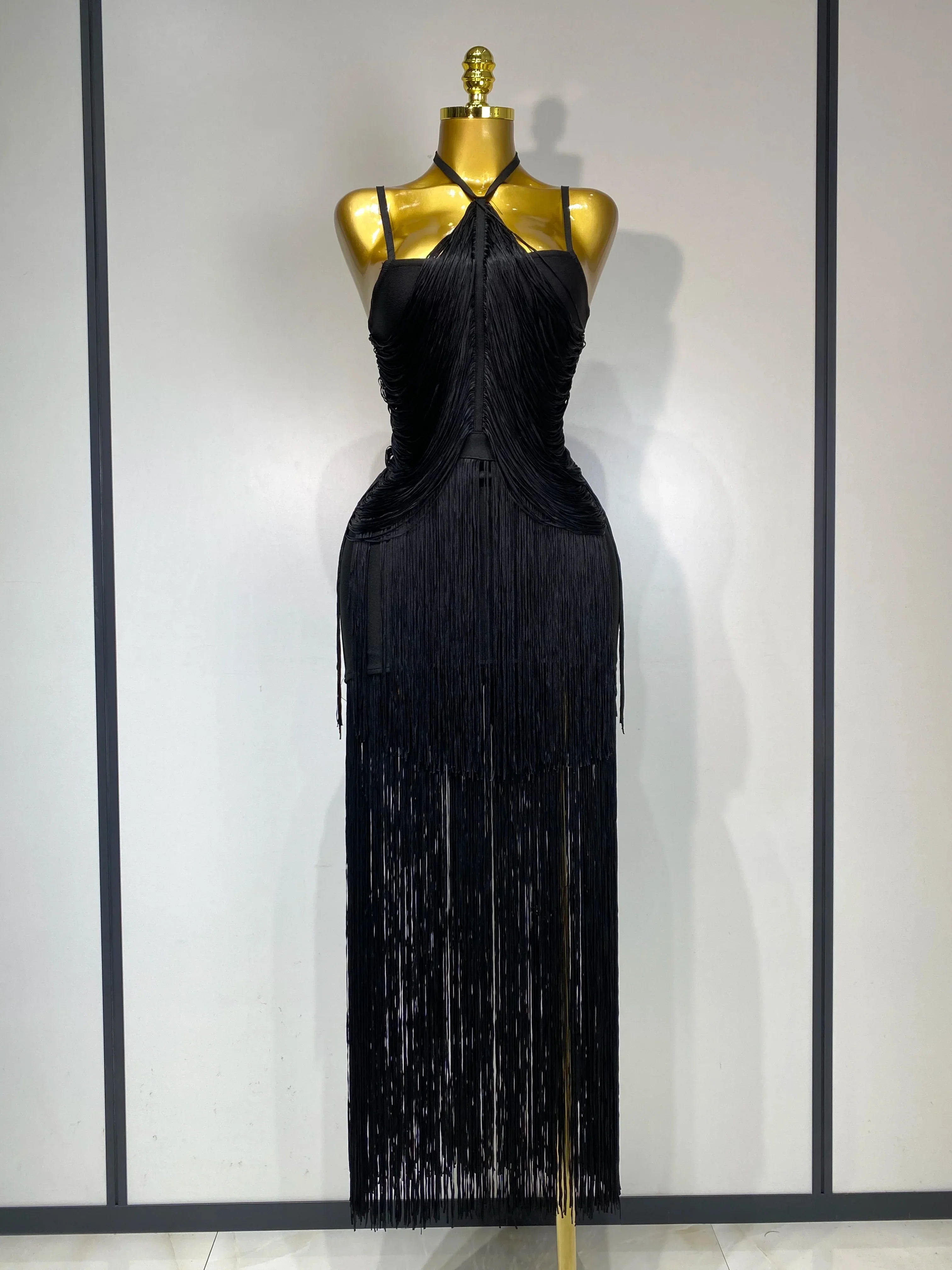 Women Sexy Backless Tassel Black Ankle Bodycon Bandage Dress Celebrity Elegant Evening Club Luxury Birthday Party Dresses black