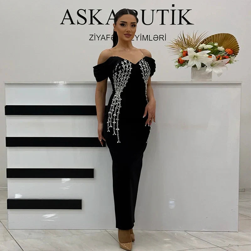 Shinning Crystal Women Sexy Short Sleeve V-Neck Bodycon Bandage Long Dress Elegant Evening Party Celebrate Outfit