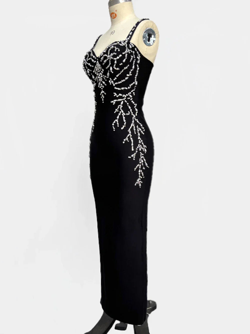 Ladies Diamond Beads Spaghetti Strap Backless Design Celebrity Evening Club Black Sleeveless Sexy Maxi Bandage Dress Vestidos