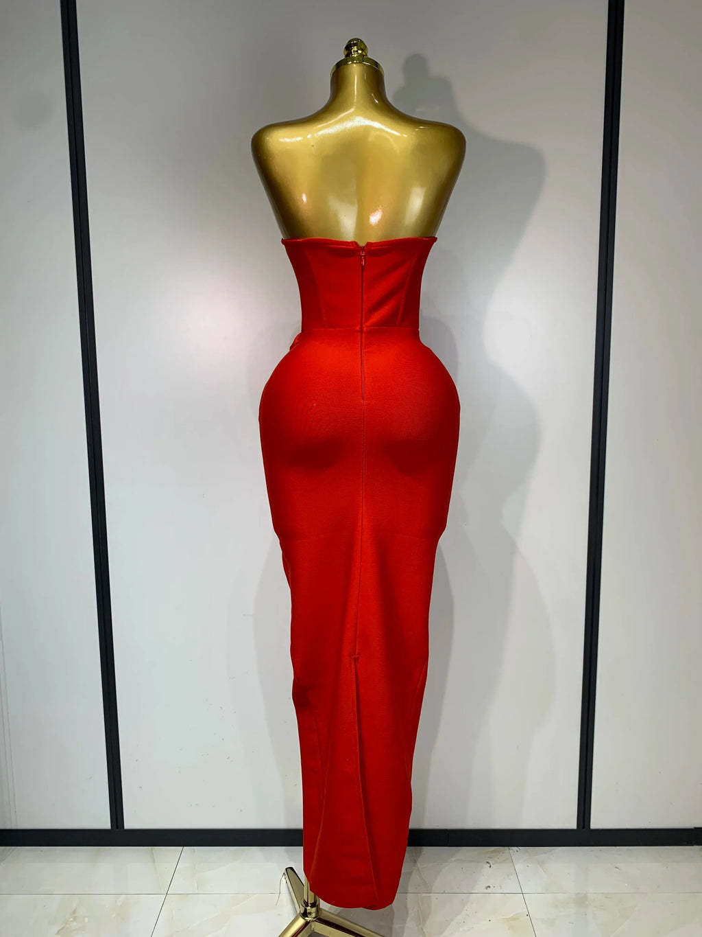 Newest Women Sexy Strapless Backless Red Flower Midi Bandage Dress Celebirty Elegant Evening Club Party Birthday Dresses