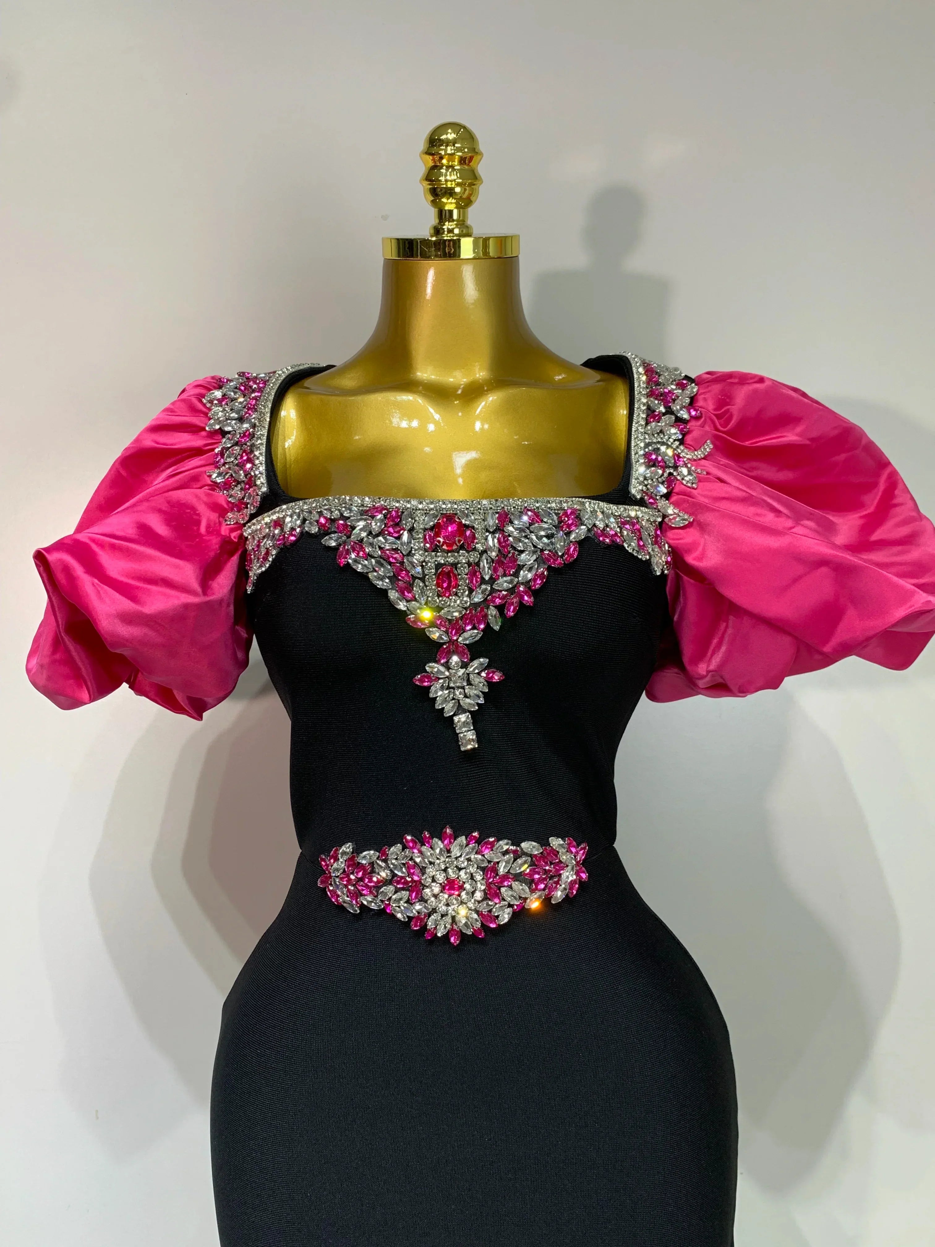 Women Sexy Puff Sleeve Square Collar Shinning Crystal Bodycon Long Bandage Dress Celebrate Evening Party Luxury Birthday Dress