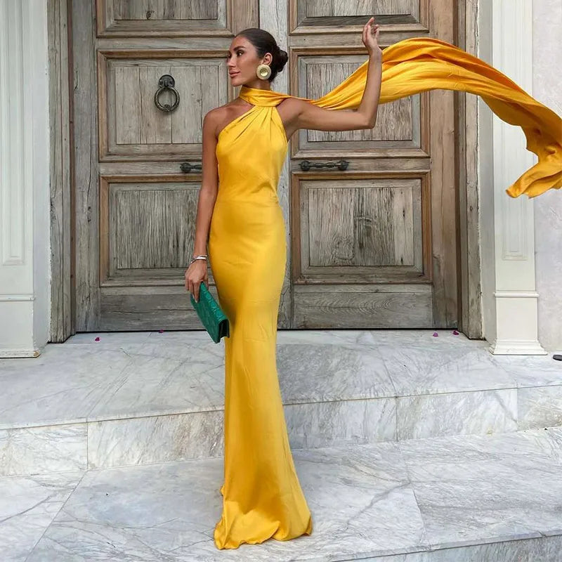 Solid Ribbon Halter Off Shoulder Silk Dress