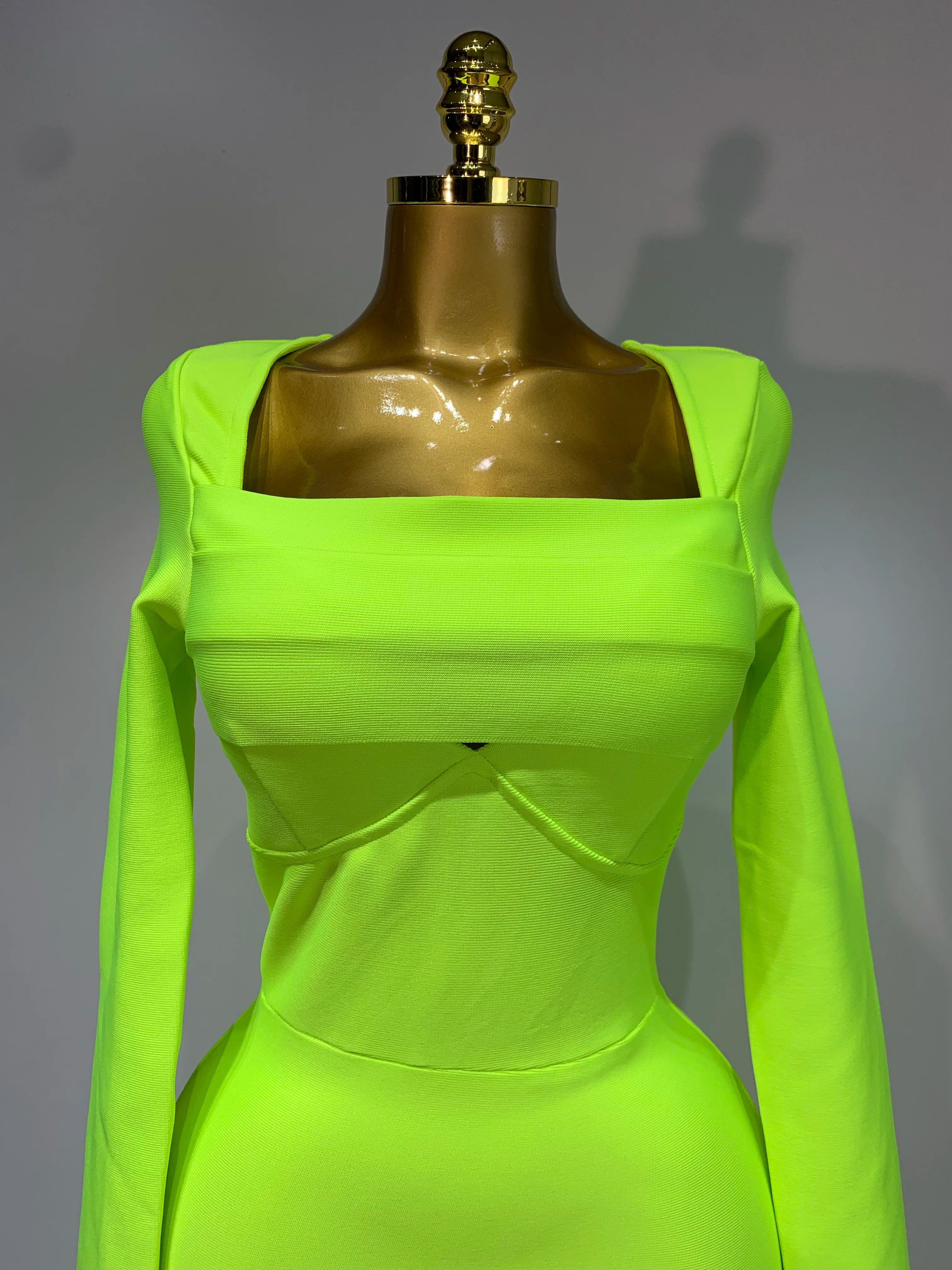 Women Sexy Long Sleeve Square Collar Fluorescent Green Midi Bodycon Bandage Dress  Elegant Evening Birthday Party Dresses