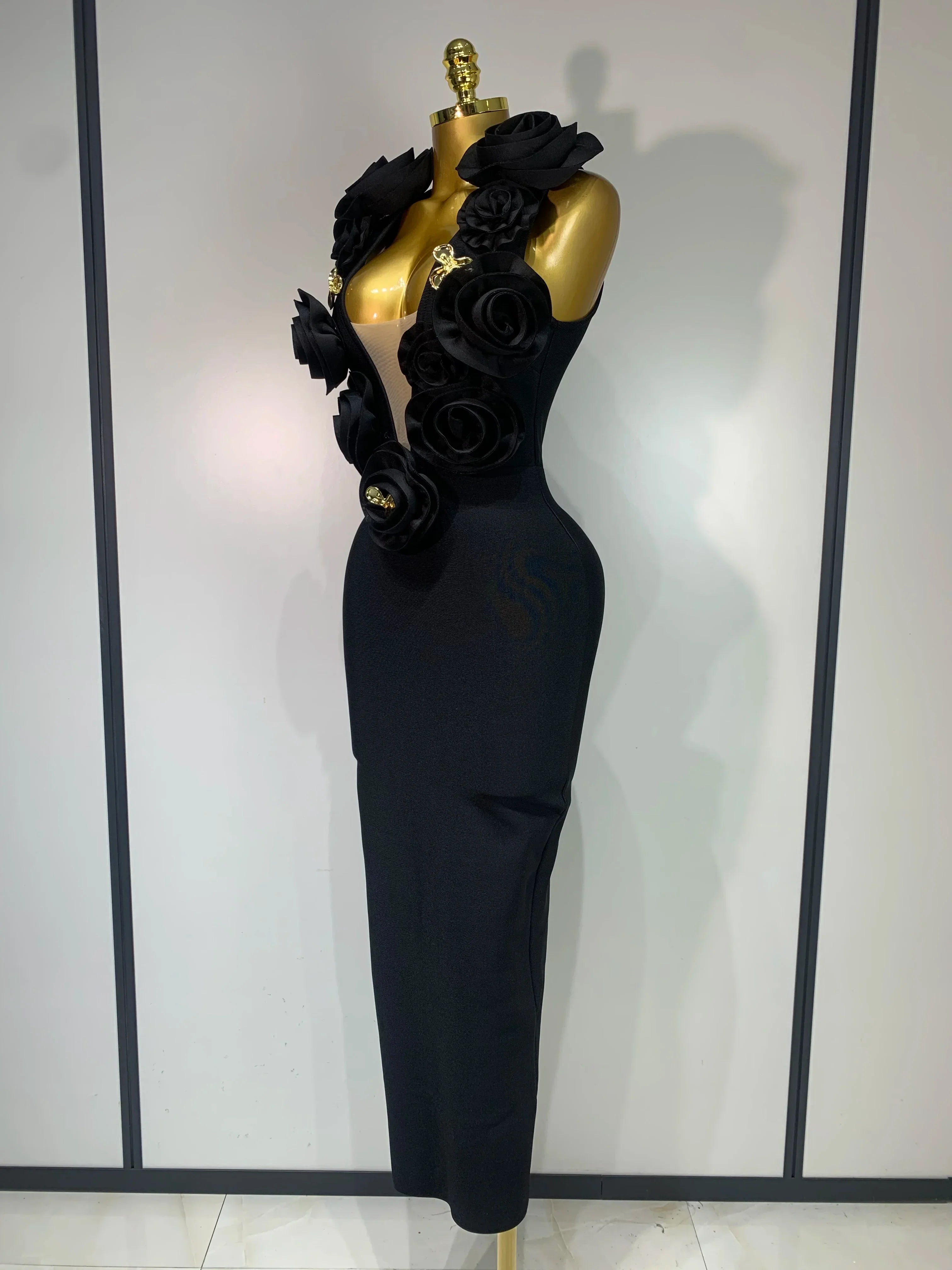 Fashion Black 3D Flower Bodycon Long Bandage Dress Celebrity Elegant Party Birthday Dress Women's Sleeveless Sexy Vestidos