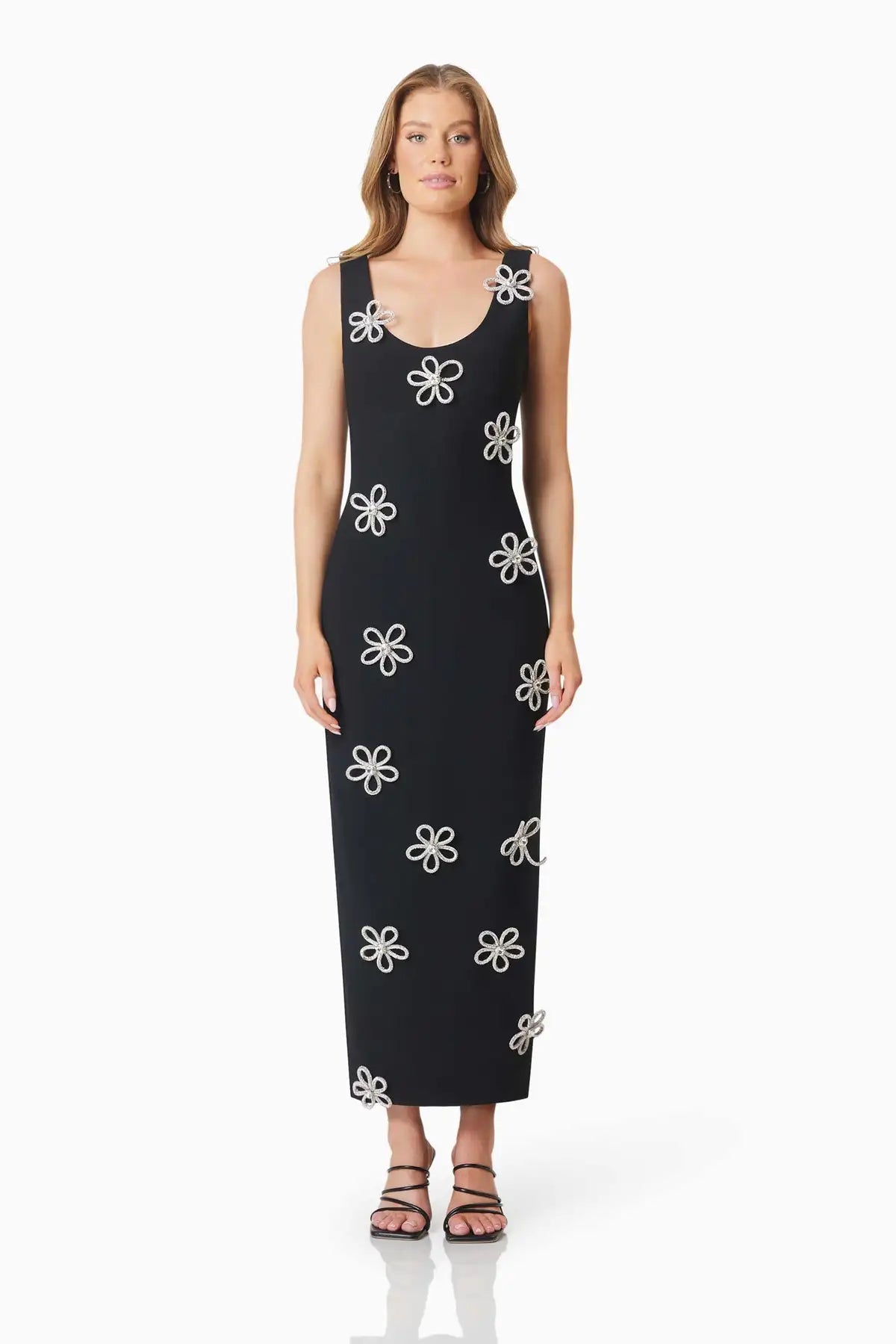 Women Sleeveless Sexy O-Neck Diamond Flowers Bodycon Long Bandage Dress Celebrate Evening Party Office Lady Outfit