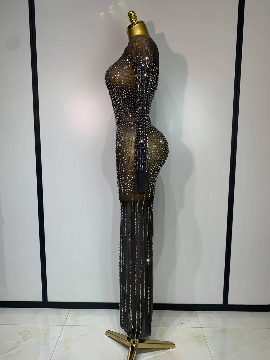Women Sexy Long Sleeve Mesh See Through Dress  Elegant Evening Party Luxury Birthday Club Rhinestone Performance Costume
