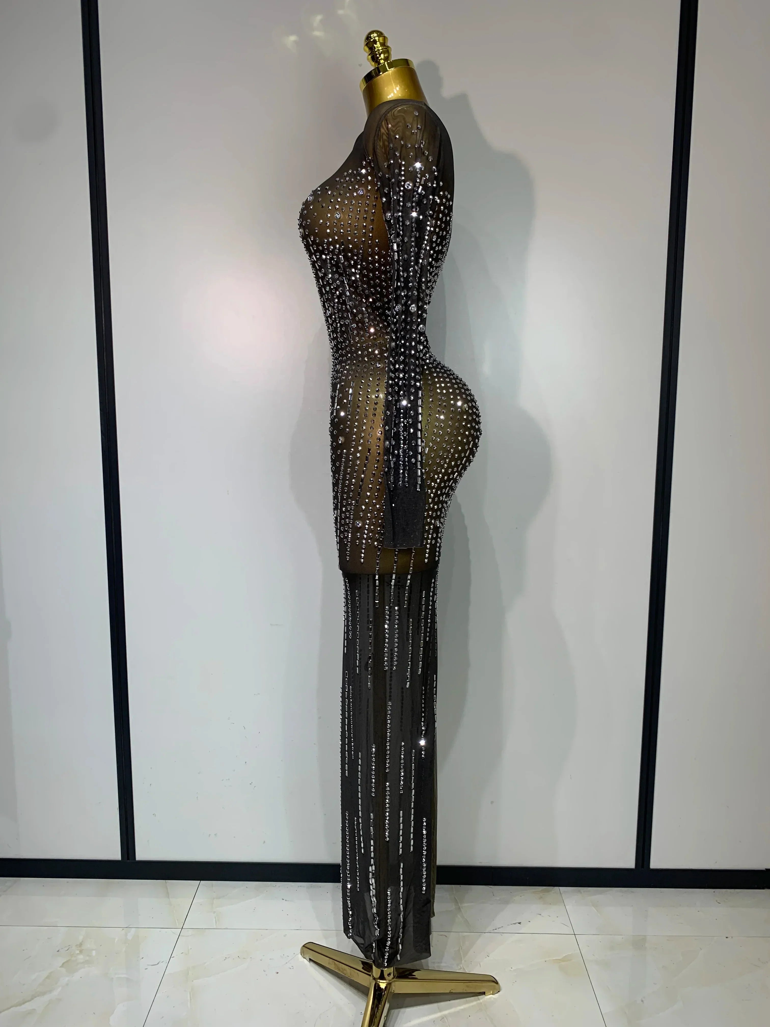 Women Sexy Long Sleeve Mesh See Through Dress  Elegant Evening Party Luxury Birthday Club Rhinestone Performance Costume