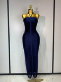 Women Sexy Celebrity Elegant Backless Halter Tassel Bodycon Bandage Dress Evening Party Luxury Birthday Wedding Guest Dress Blue