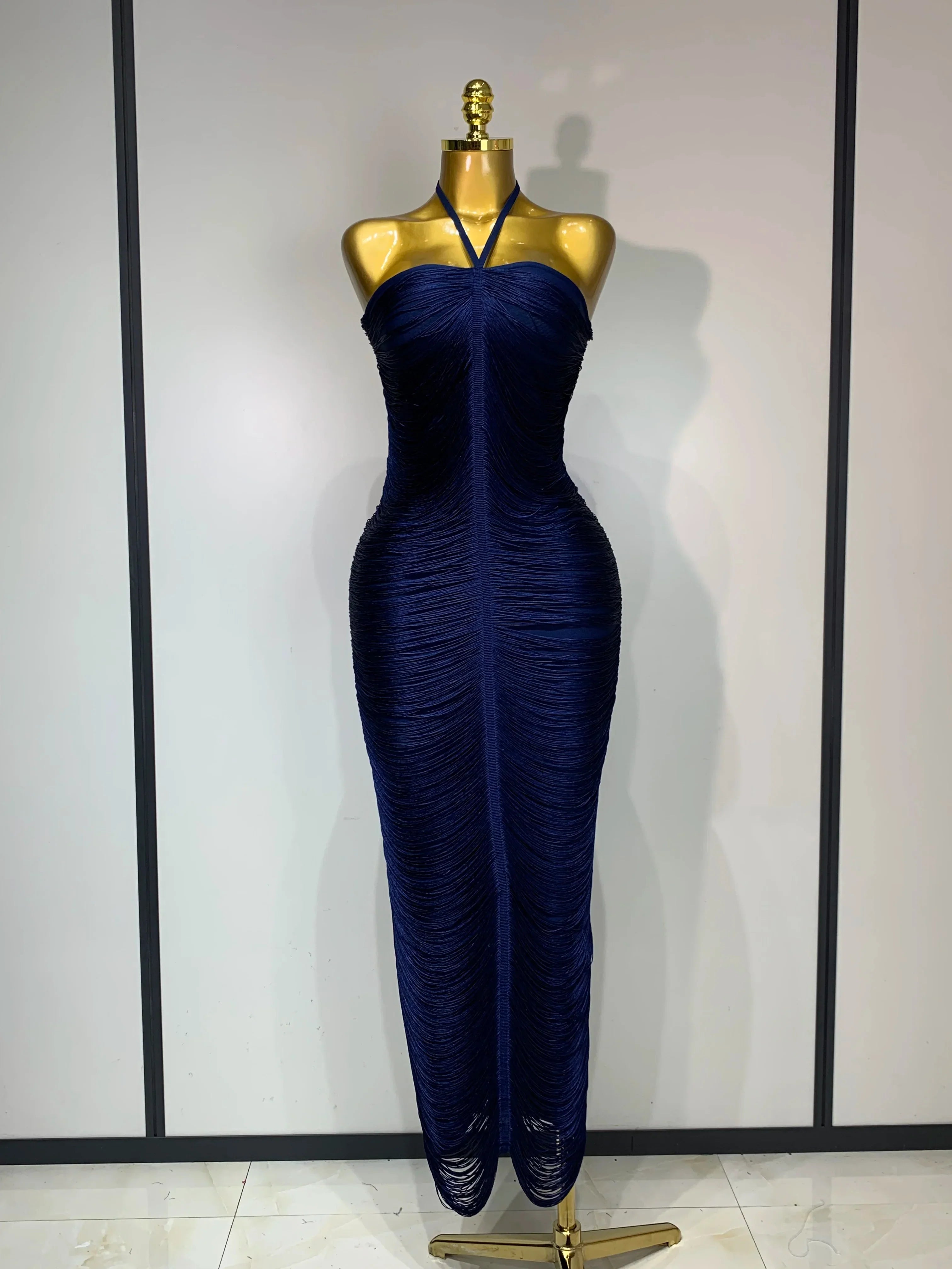 Women Sexy Celebrity Elegant Backless Halter Tassel Bodycon Bandage Dress Evening Party Luxury Birthday Wedding Guest Dress Blue
