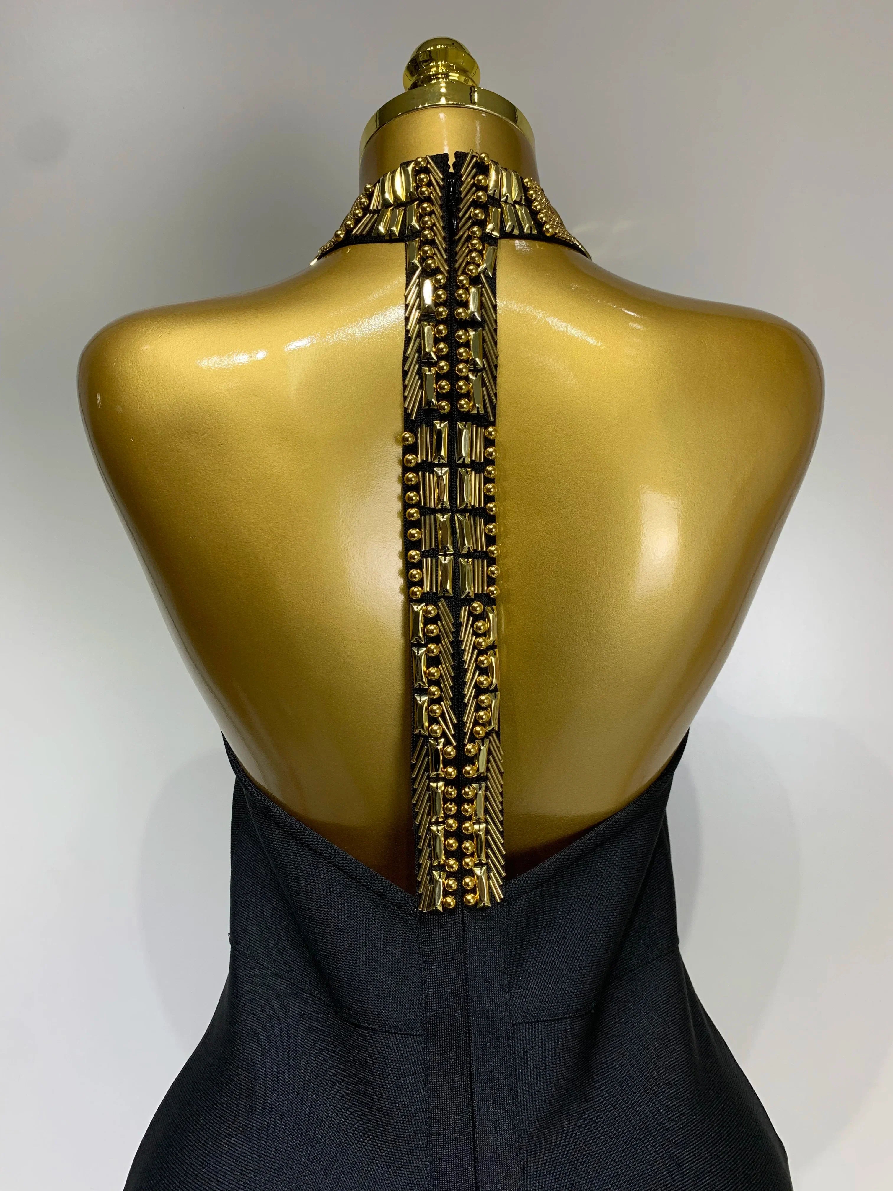 Women Fashion Celebrity Sexy Backless Beading Midi Black Bodycon Bandage Dress Elegant Evening Club Luxury Birthday Dresses