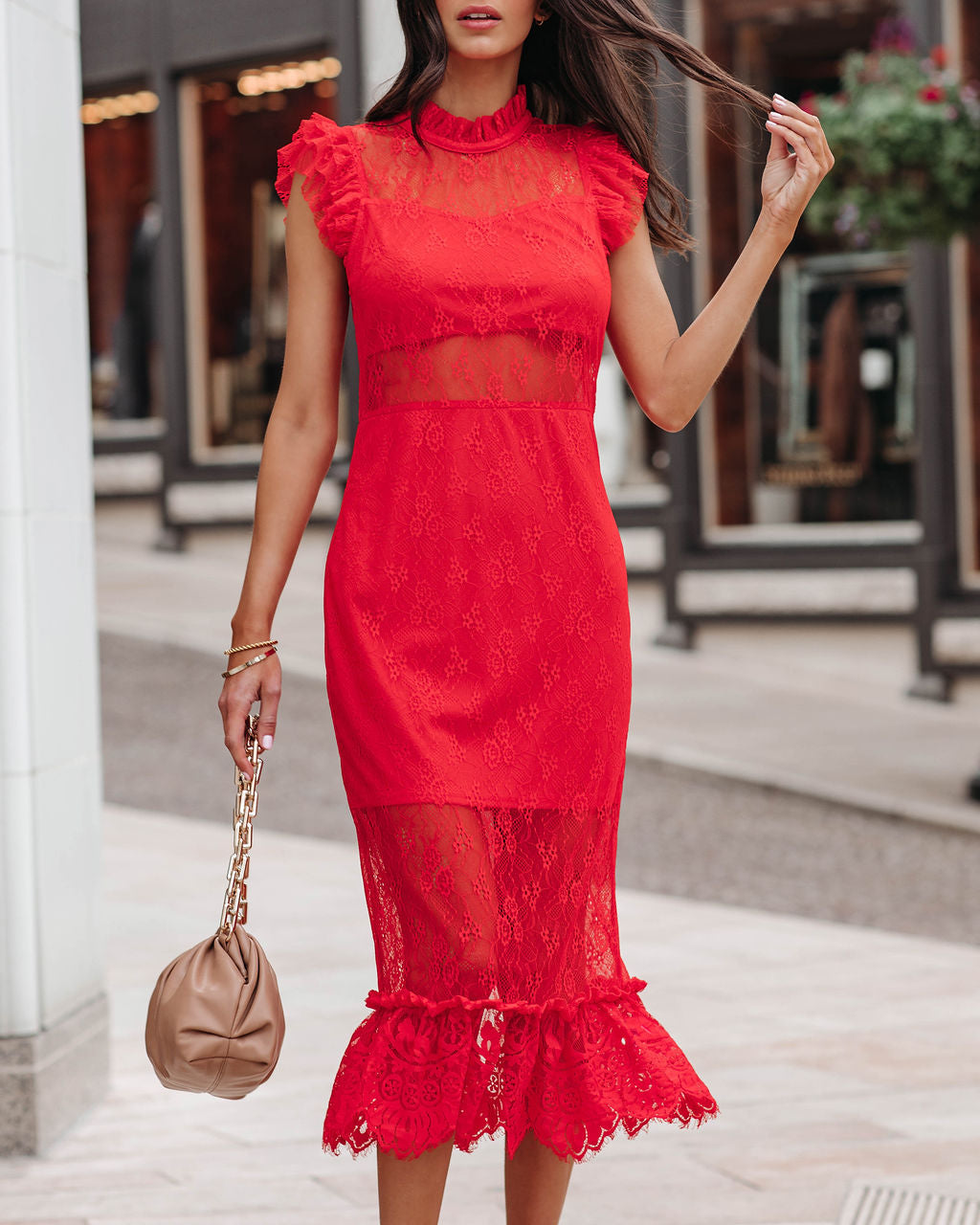 Saige Sheer Lace Midi Dress Red