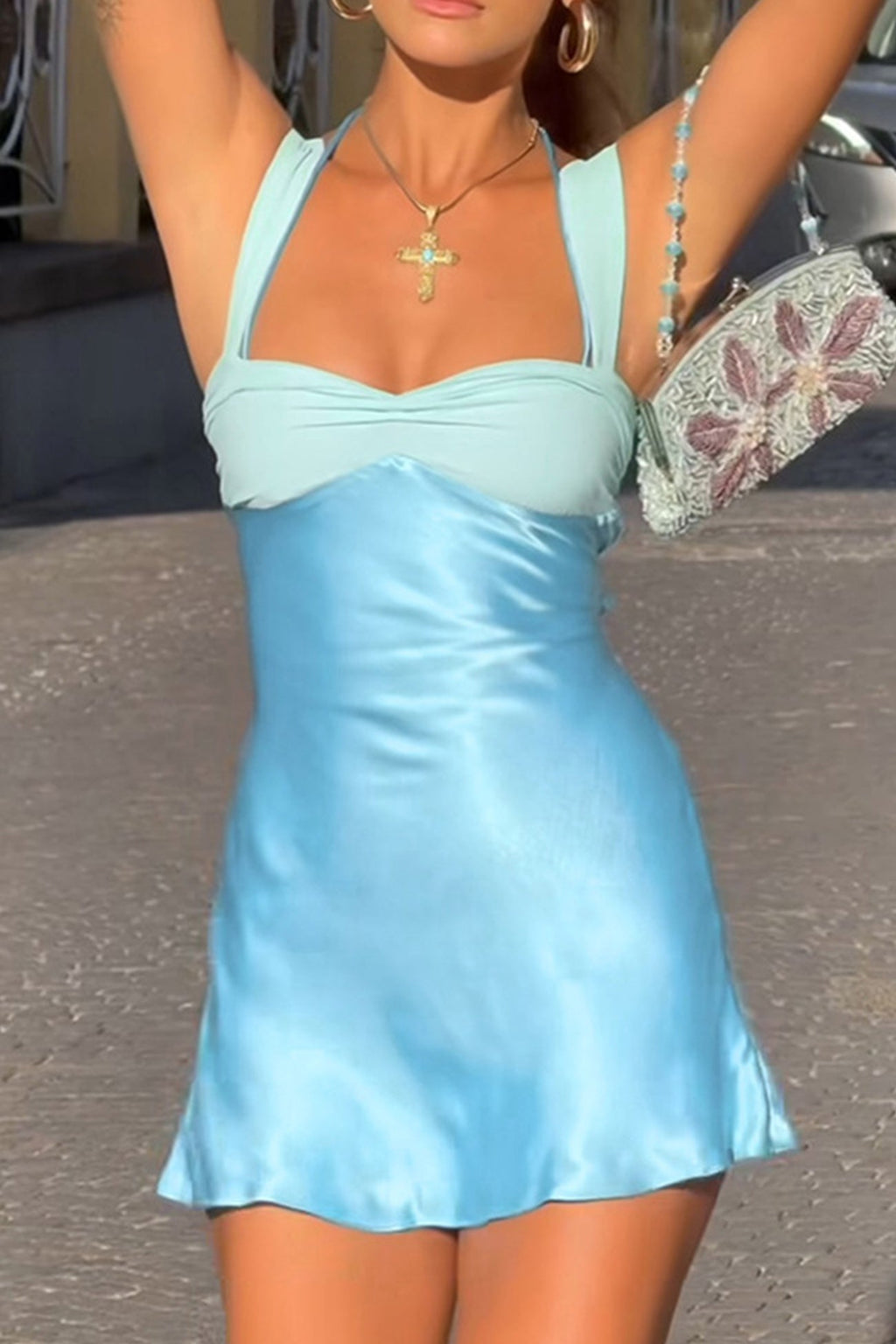 Satin Contrast Color Tie up Cami Dress