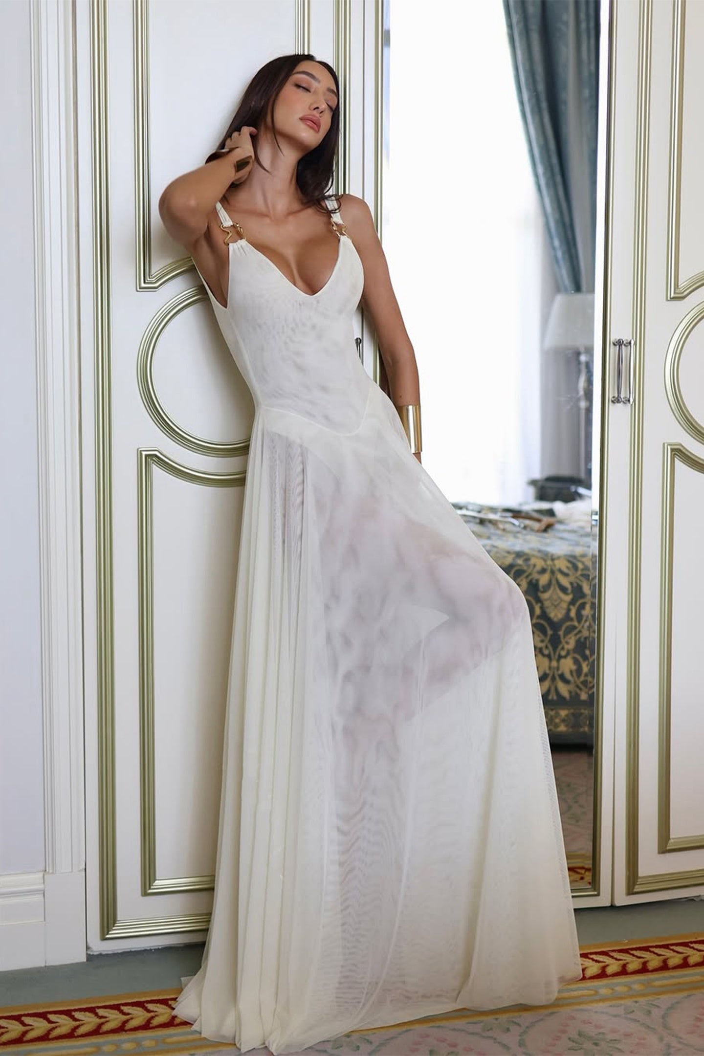 Julie Plunge Neck Semi sheer Mesh Maxi Dress