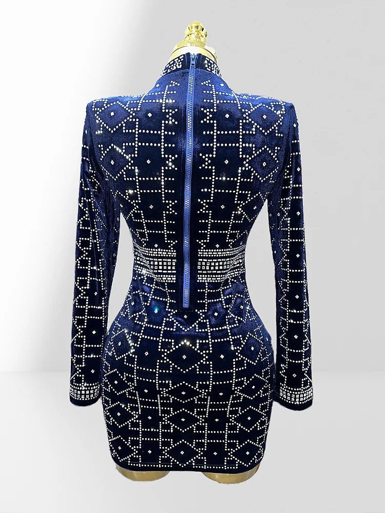 Dark Blue Velvet Luxury Diamonds O-neck  Tuck Waist Mini Dress Fashion Woman Party Dress Celebration Birthday Vestido
