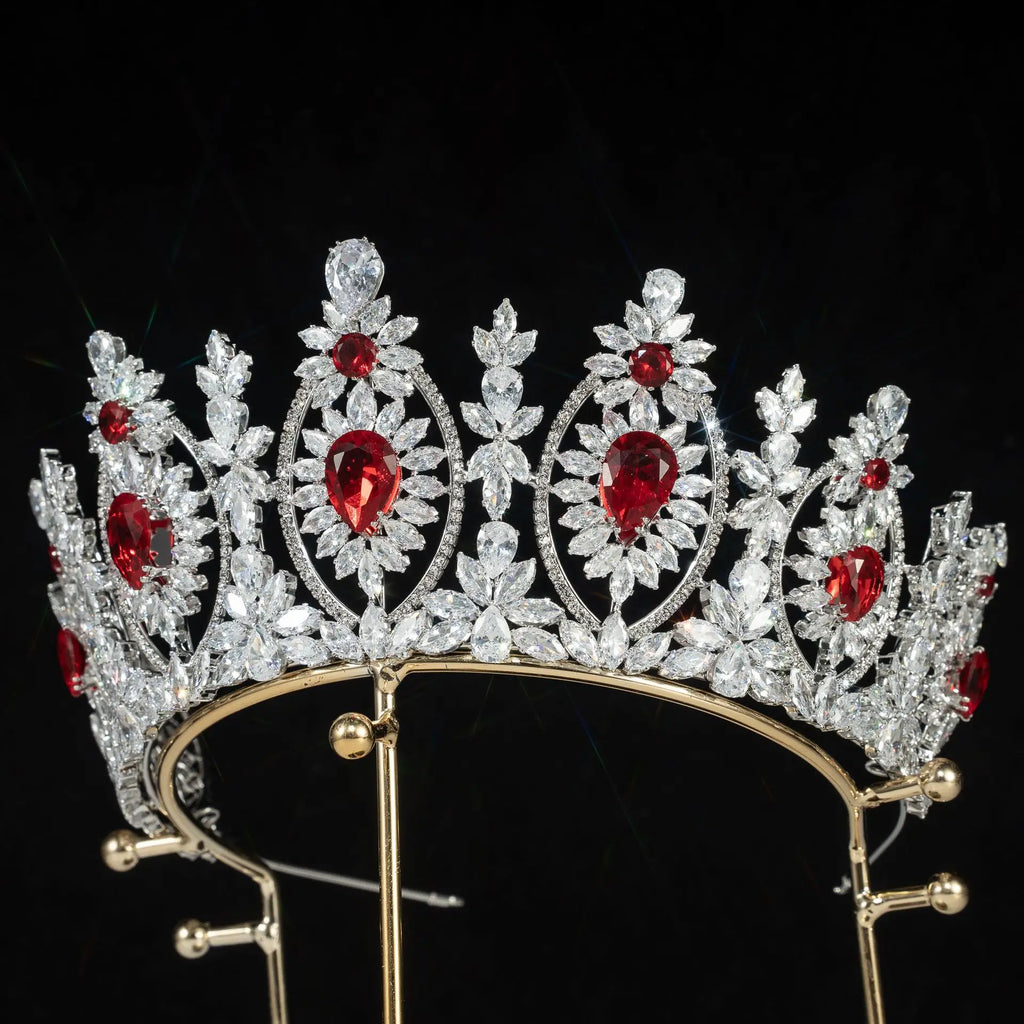 Bridal Hair Jewelry Red Zirconia Tiaras Crowns Zircon Headband Diadem Brides Women Pageant Prom Headpiece Wedding Accessories