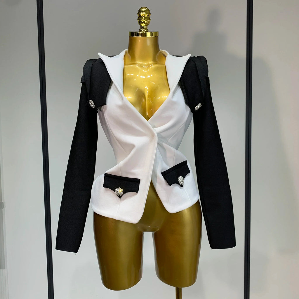 Fashion Black White Bandage Jacket Two Piece Set Women Slim Fit Diamond Button Suit Jackets Coat WHITE