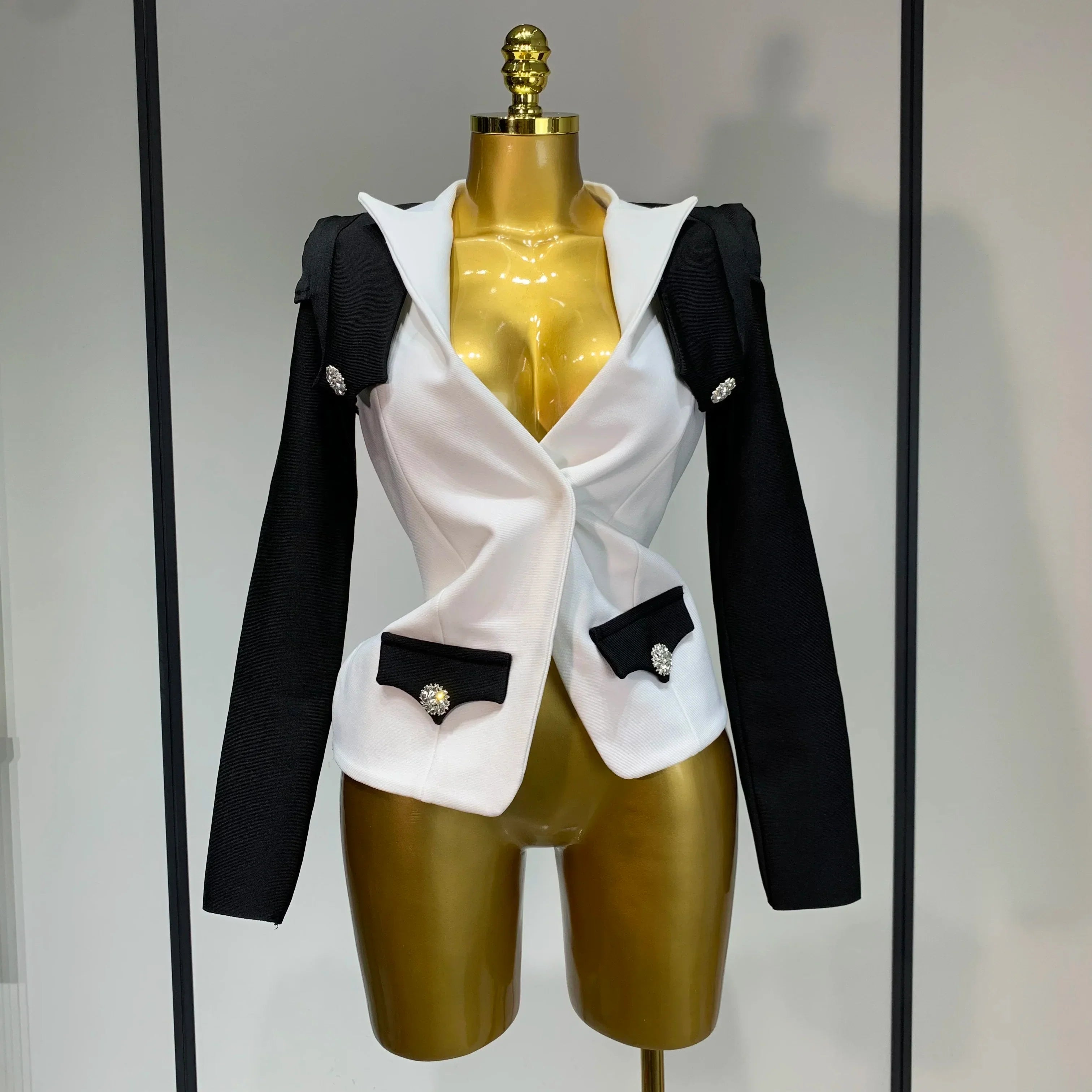 Fashion Black White Bandage Jacket Two Piece Set Women Slim Fit Diamond Button Suit Jackets Coat WHITE