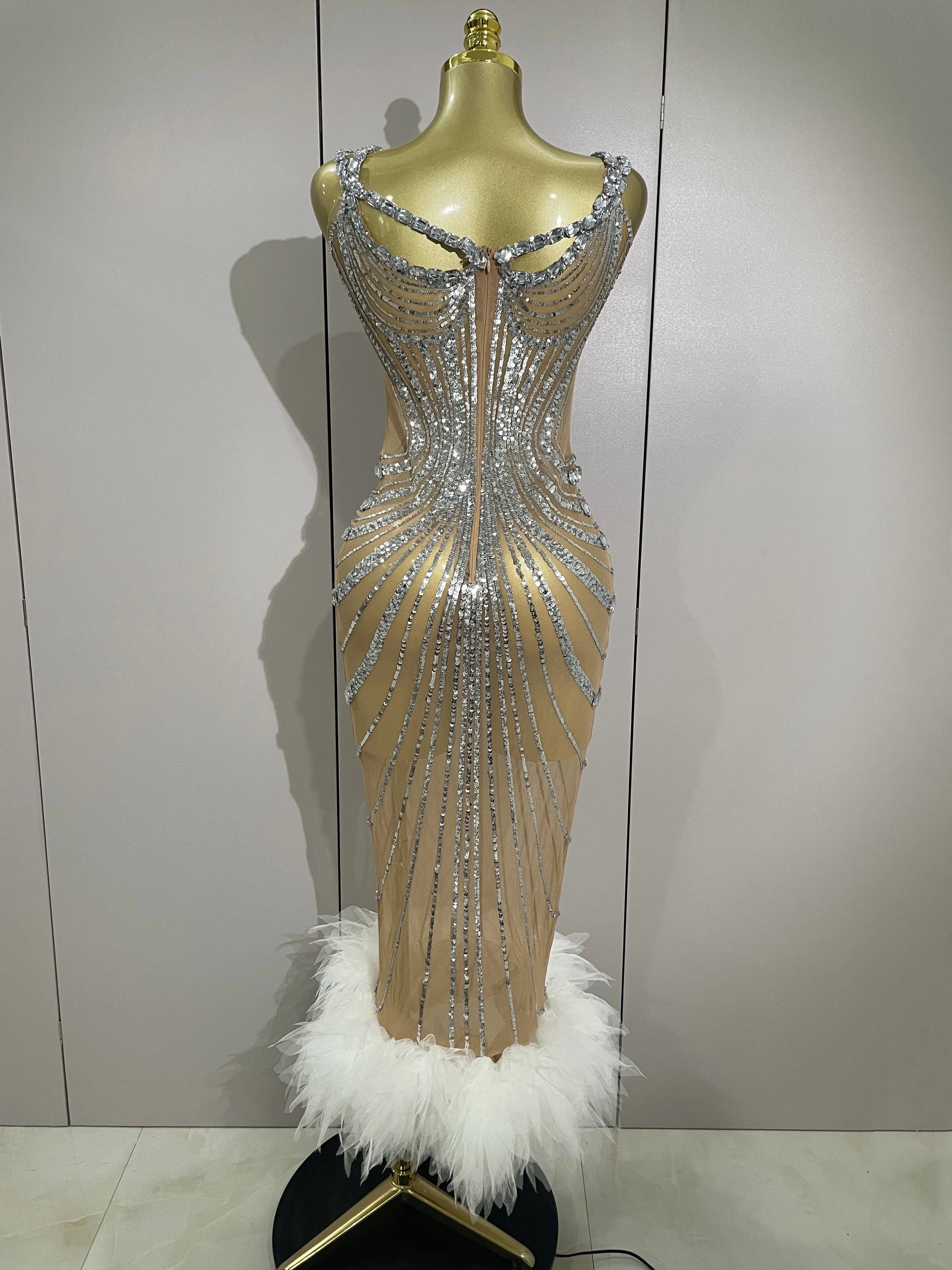 Luxury Sexy Silver Rhinestone Mesh See Through Long Dress  Women Birthday Party Prom Gown Singer Nightclub Stage Costume