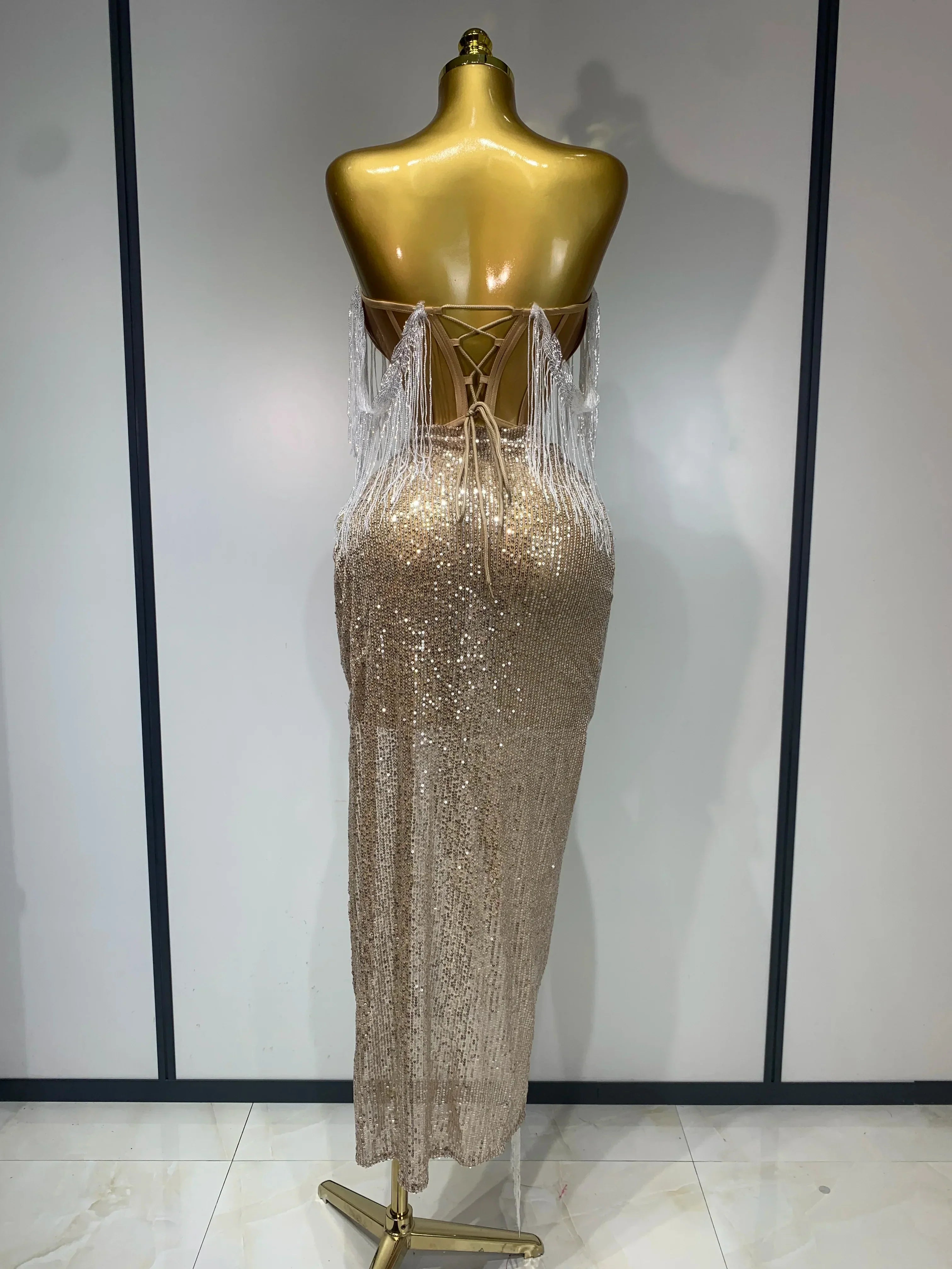 Women Sexy Singer Performan Costume Nightclub Girl Sparkly Sequin Tassel Two Piece Set  Evening Party Luxury Birthday Outfit