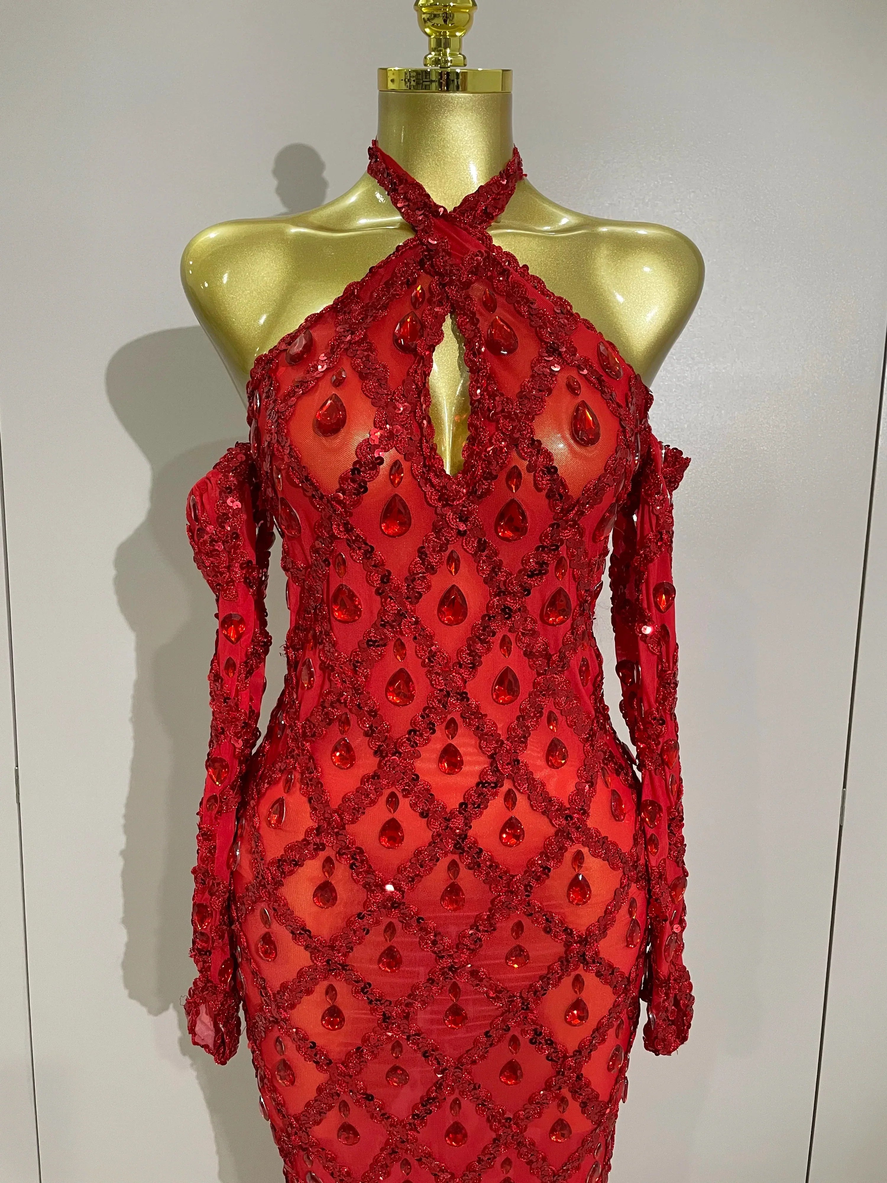 Sexy Sparkly Rhinestones Halter Mesh Long Dress With Gloves  Women Celebrate Evening Wedding Prom Birthday Dress Shoot Wear