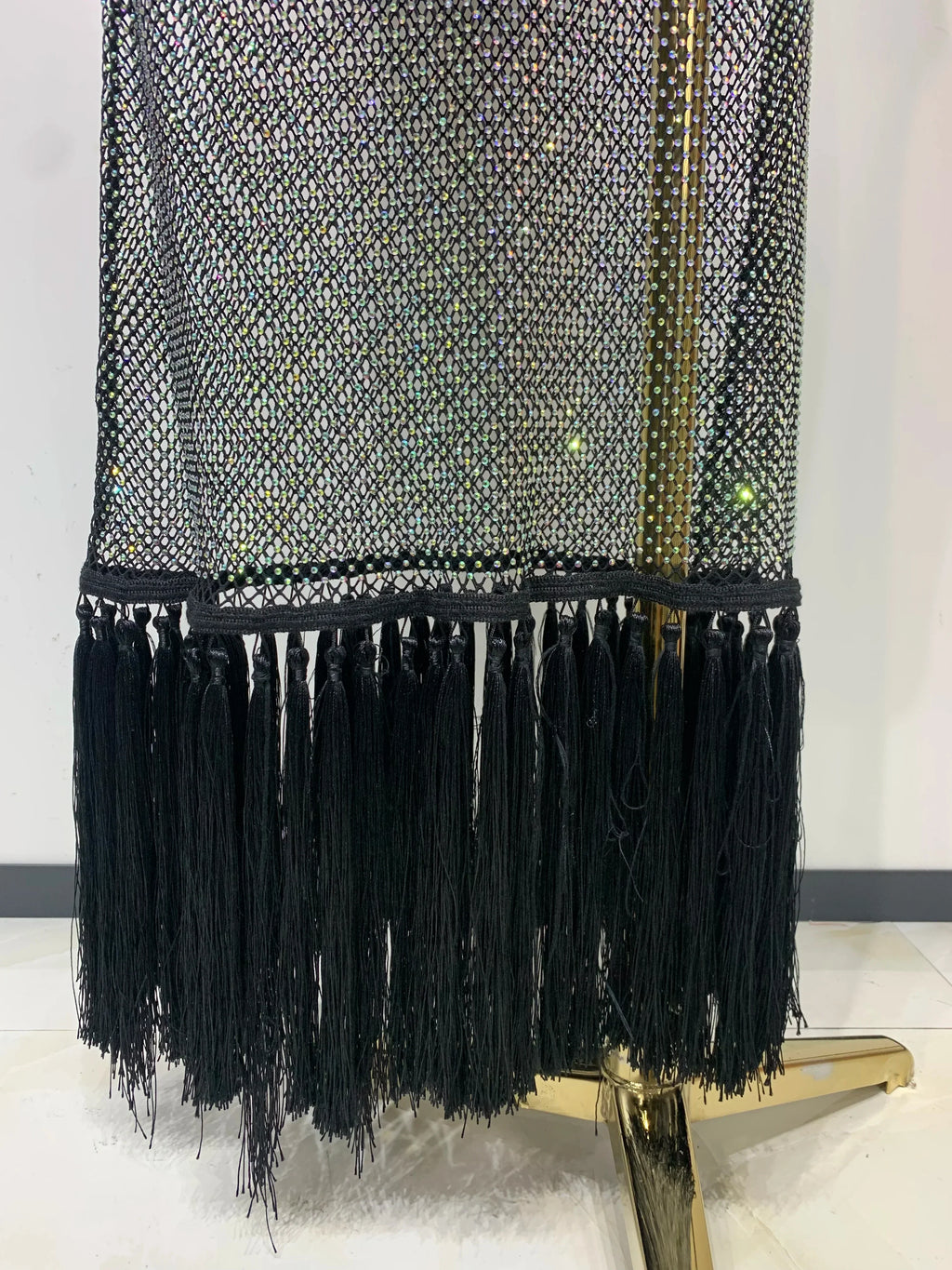 Fashion Black Sleeveless Sparkly Diamonds Tassel Bandage Dress Celebrity Cocktail Evening Party Luxury Birthday Gown