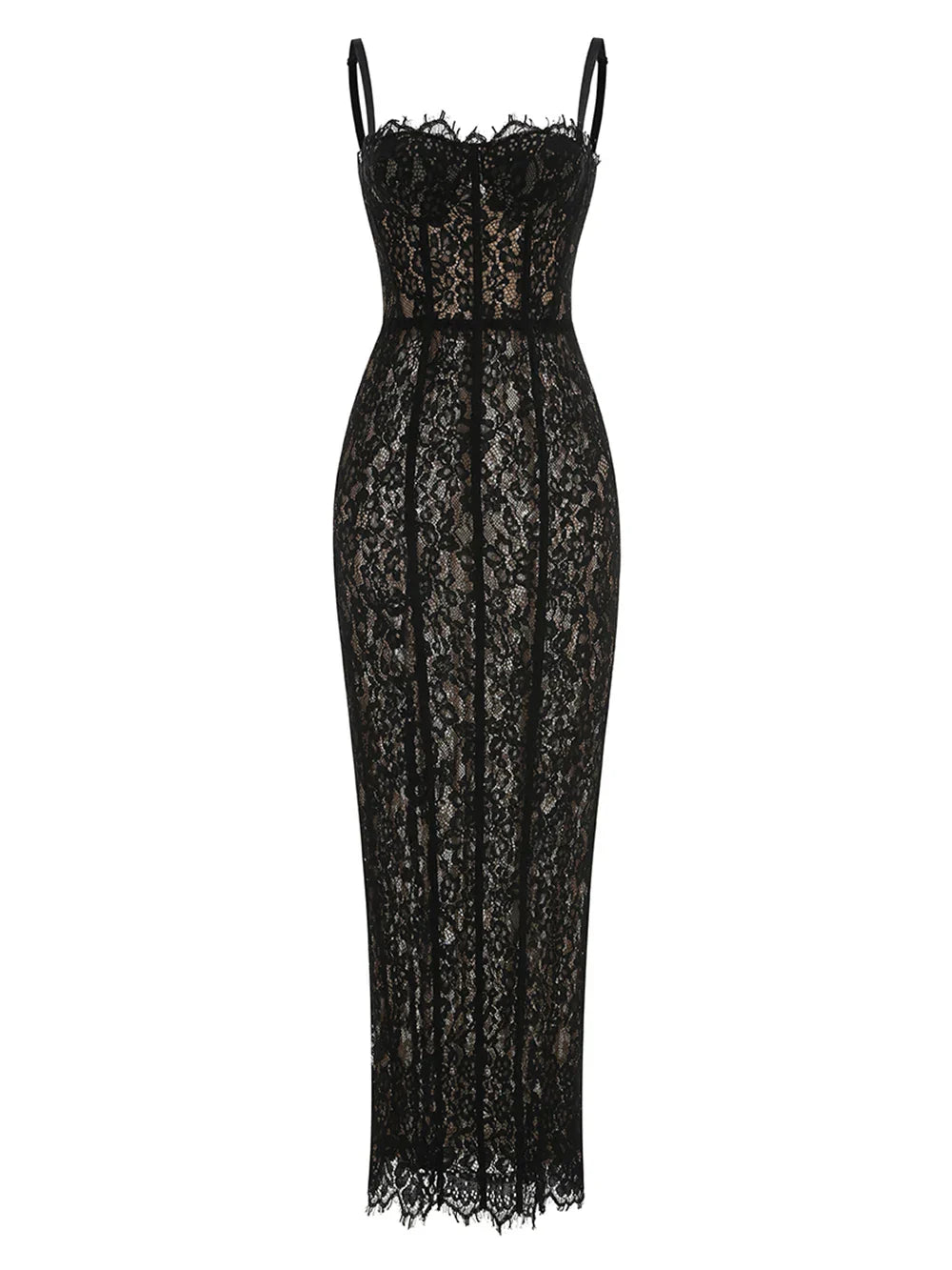 Elegant Lace Spaghetti Strap Long Dress Women Slim Sleeveless Sling Evening Party Gowns Summer Female Fashion Robe