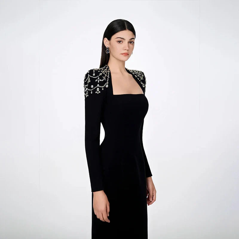 Black Winered Women Long Sleeve Square Collar Shinning Crystal Bodycon Long Bandage Dress Elegant Evening Party Wear