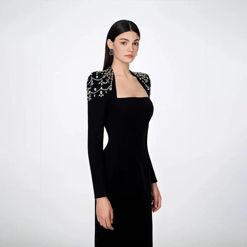 Black Winered Women Long Sleeve Square Collar Shinning Crystal Bodycon Long Bandage Dress Elegant Evening Party Wear