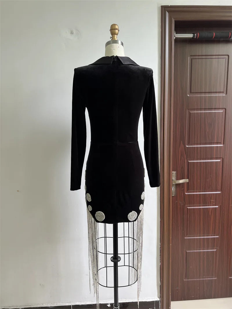Luxury Diamonds Tassel Sexy  Deep V Notched Black Velvet  Dress Woman Evening Party Vestido Celebrate Club Party Outfit