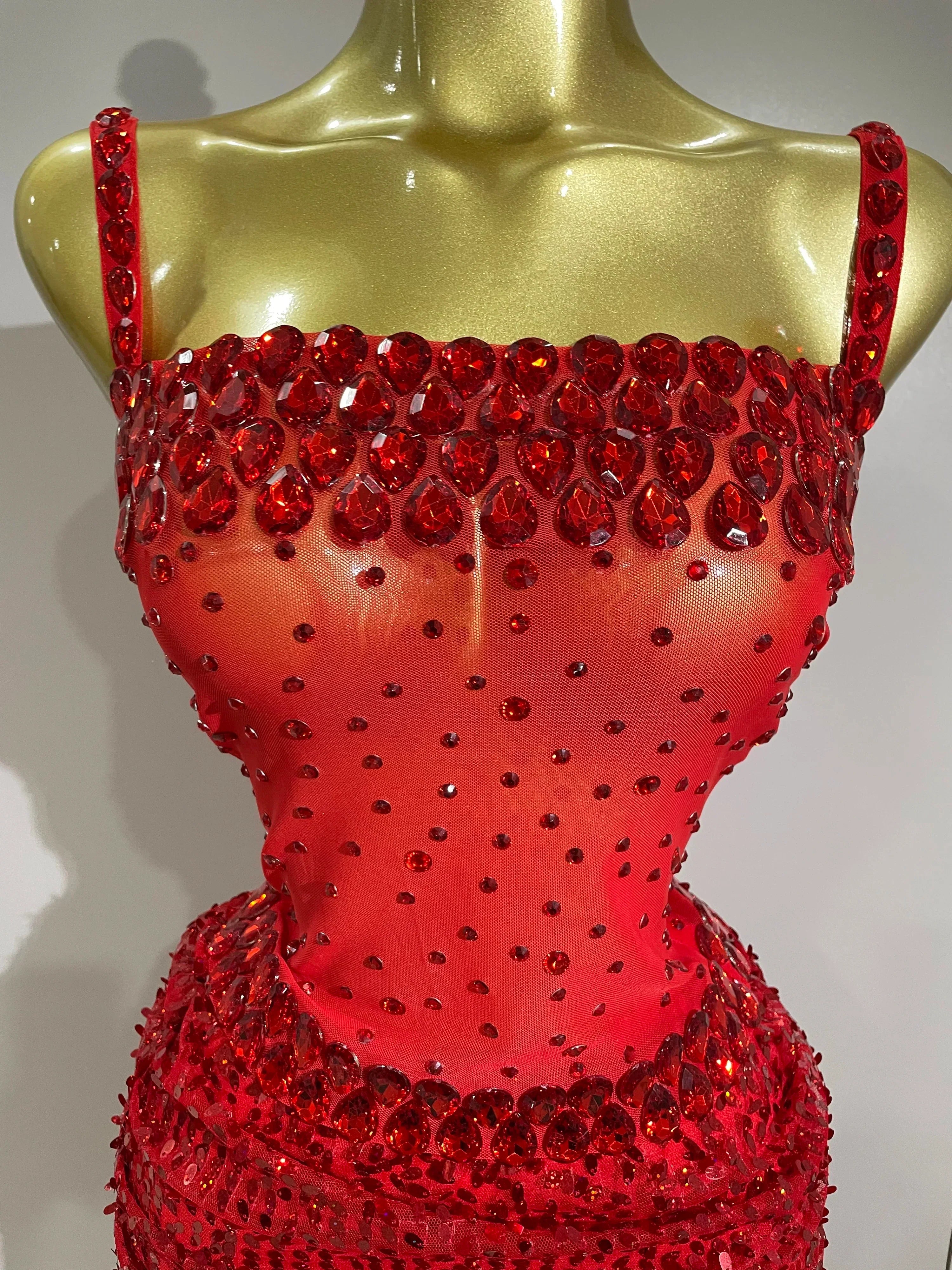 Sparkly Red Rhinestones Sequins Sexy See Through 2PCS Long Dress Women Celebrate Evening Birthday Party Dress Stage Costumes