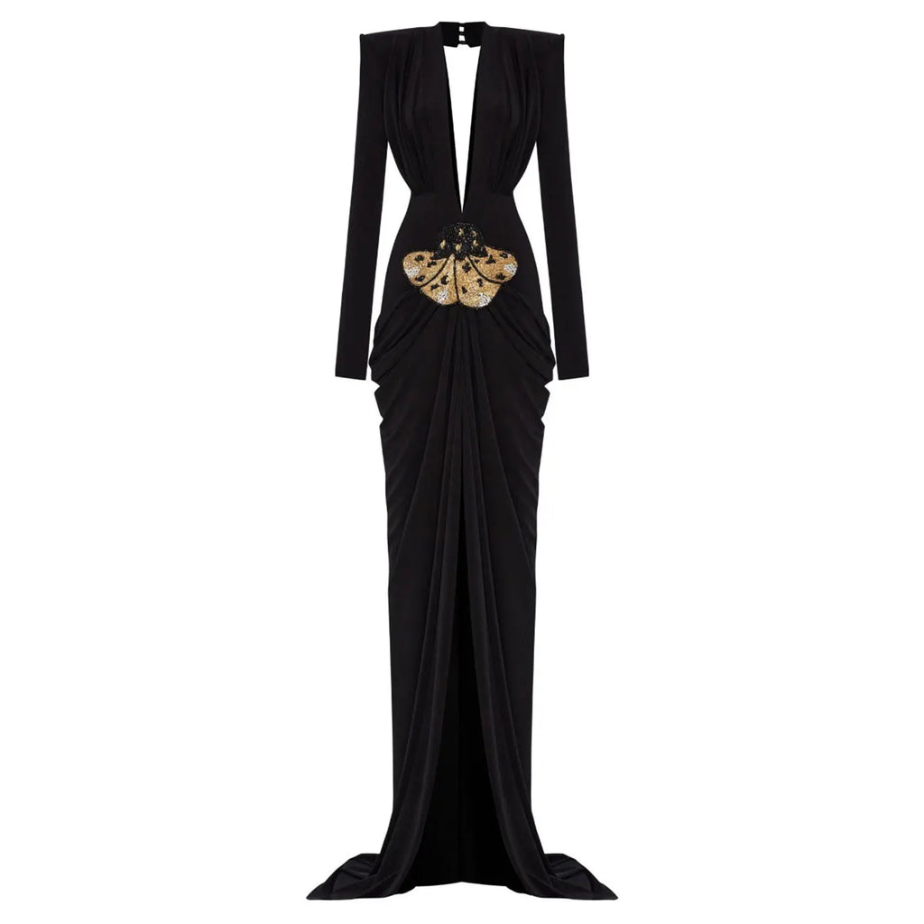 Sexy Women's Light Luxury Maxi Dress Deep V-neck Long Sleeve Three Dimensional Beaded sequin Design Bodycon and Floor Dress black