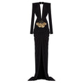Sexy Women's Light Luxury Maxi Dress Deep V-neck Long Sleeve Three Dimensional Beaded sequin Design Bodycon and Floor Dress black