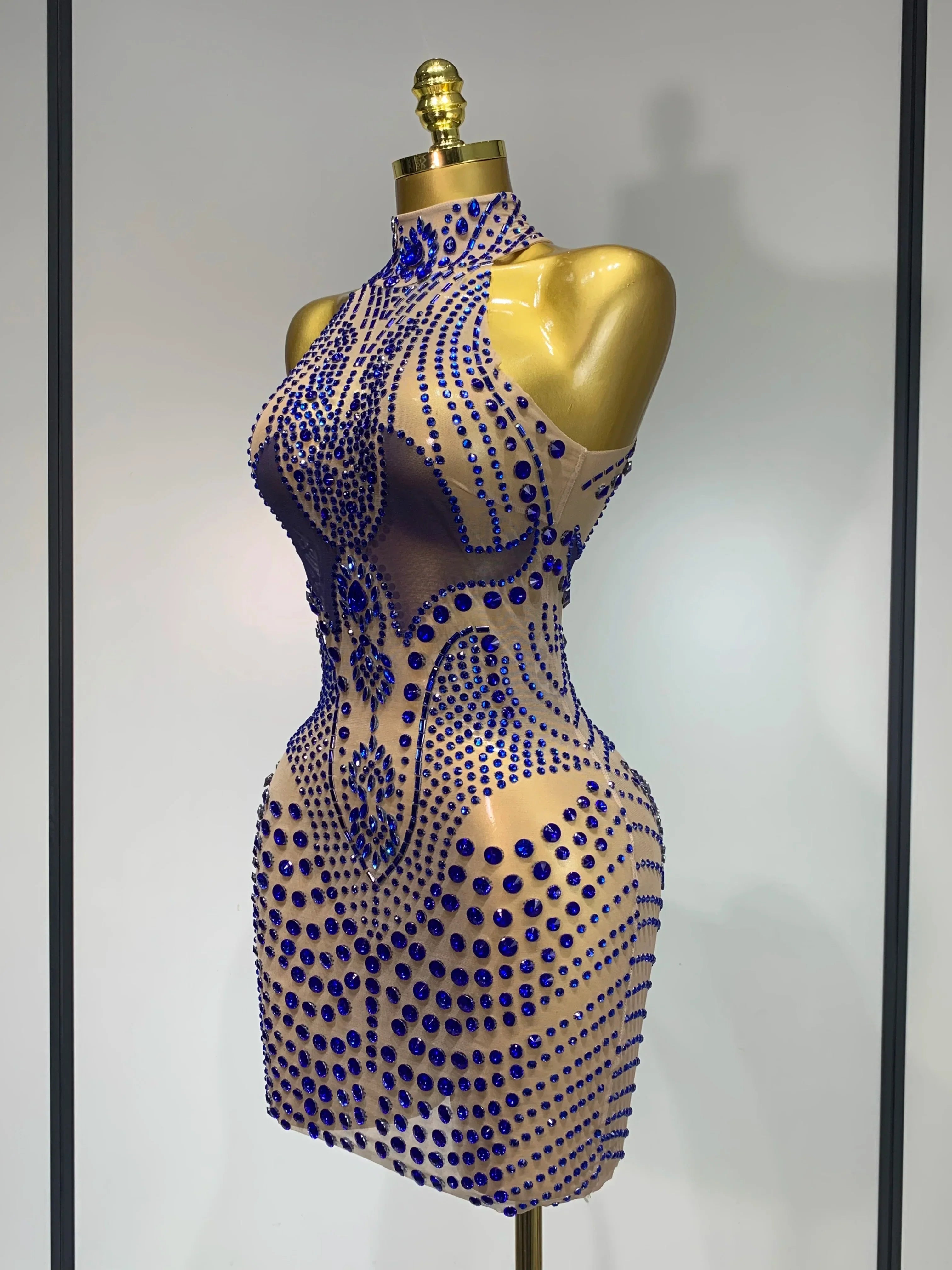 Luxury Birthday Dress Women Rhinestones Sexy Transparent Mesh Mini Dress Evening Party Nightclub Stage Performance Costume