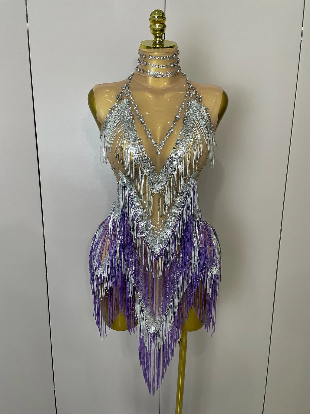 Women Sexy Stretch Mesh Sparkly Rhinestone Tassels Mini Dress Nightclub Singer Dance Stage Costume Evening Gowns Silver
