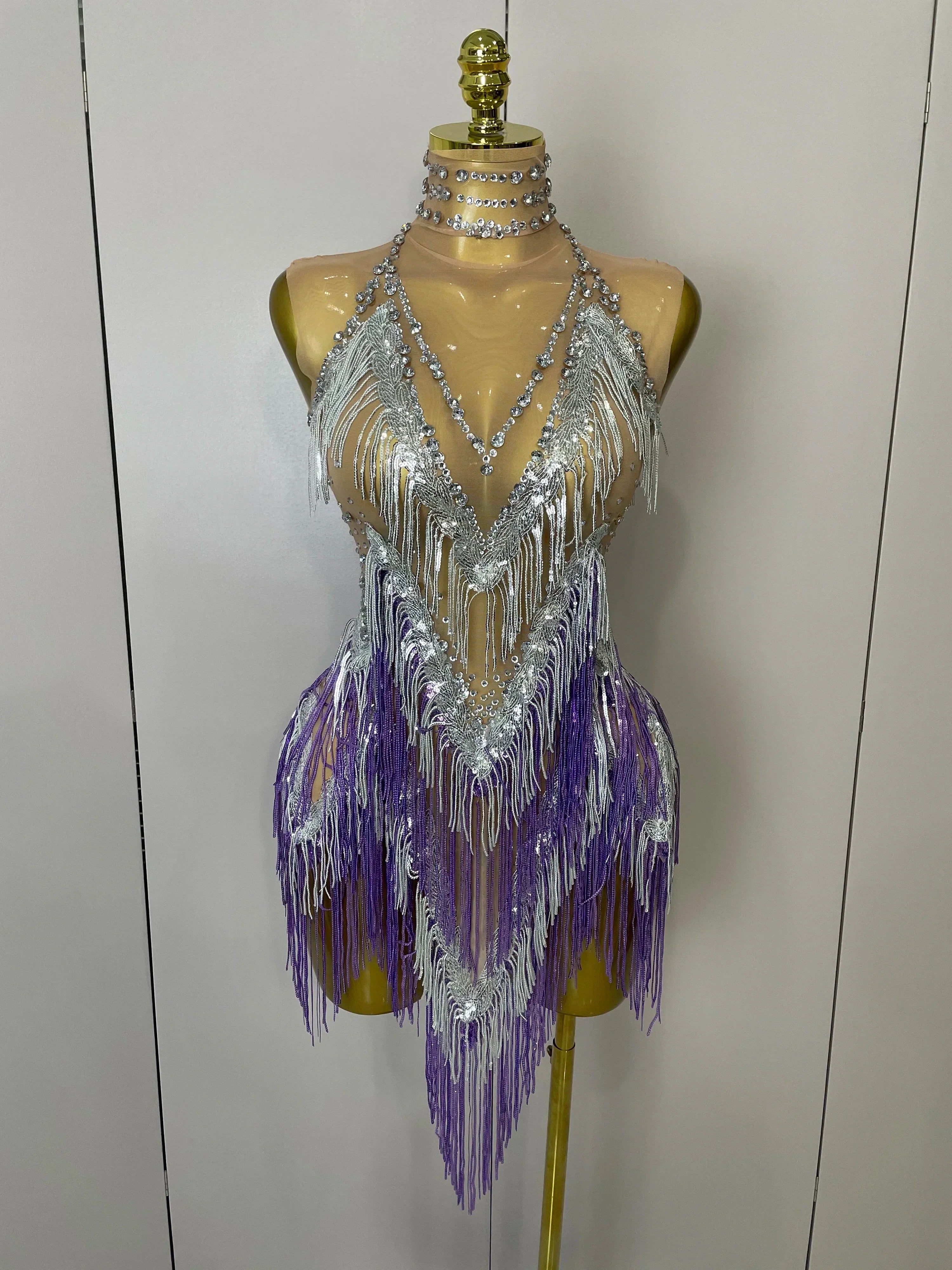 Women Sexy Stretch Mesh Sparkly Rhinestone Tassels Mini Dress Nightclub Singer Dance Stage Costume Evening Gowns Silver